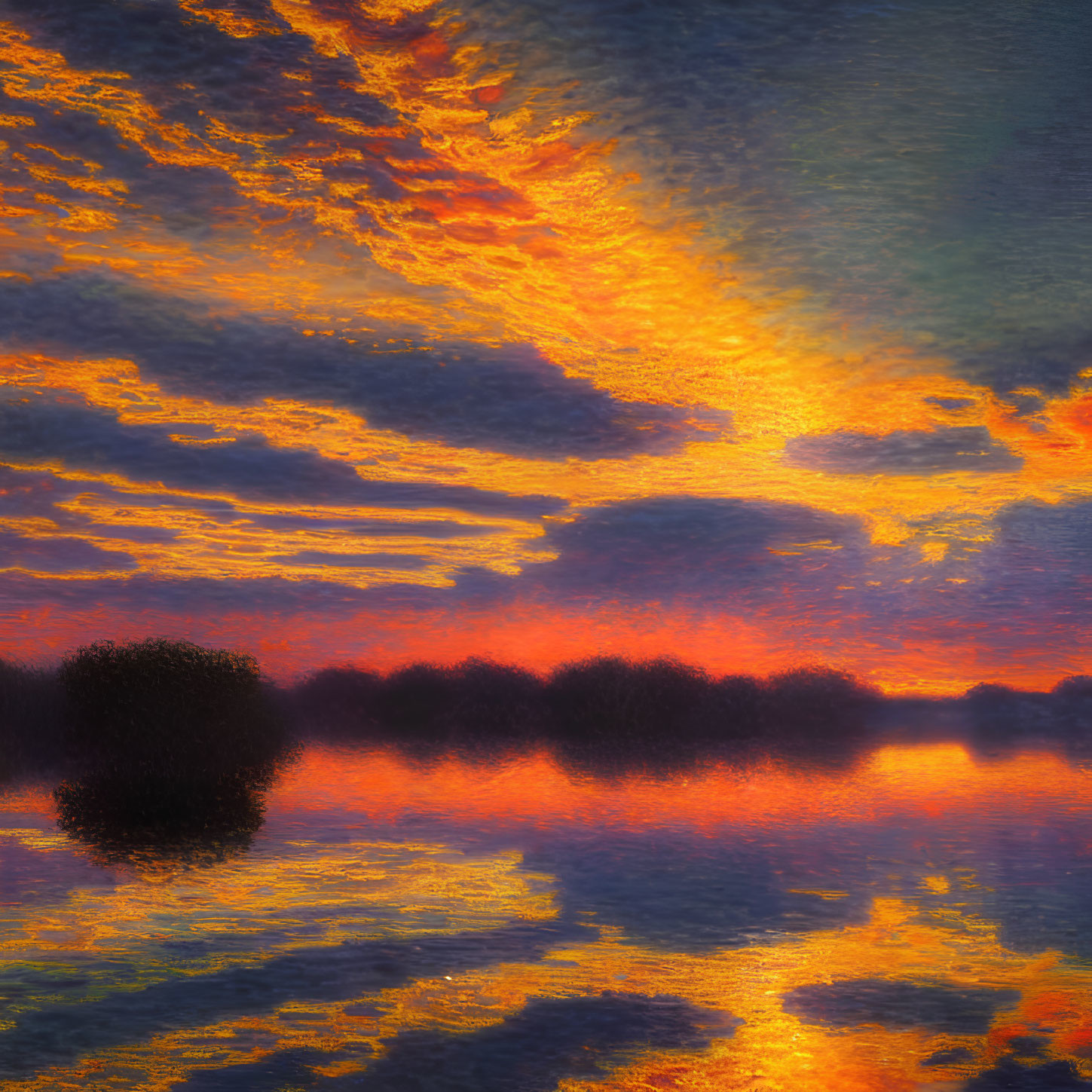Vivid sunset with fiery clouds reflected in tranquil water
