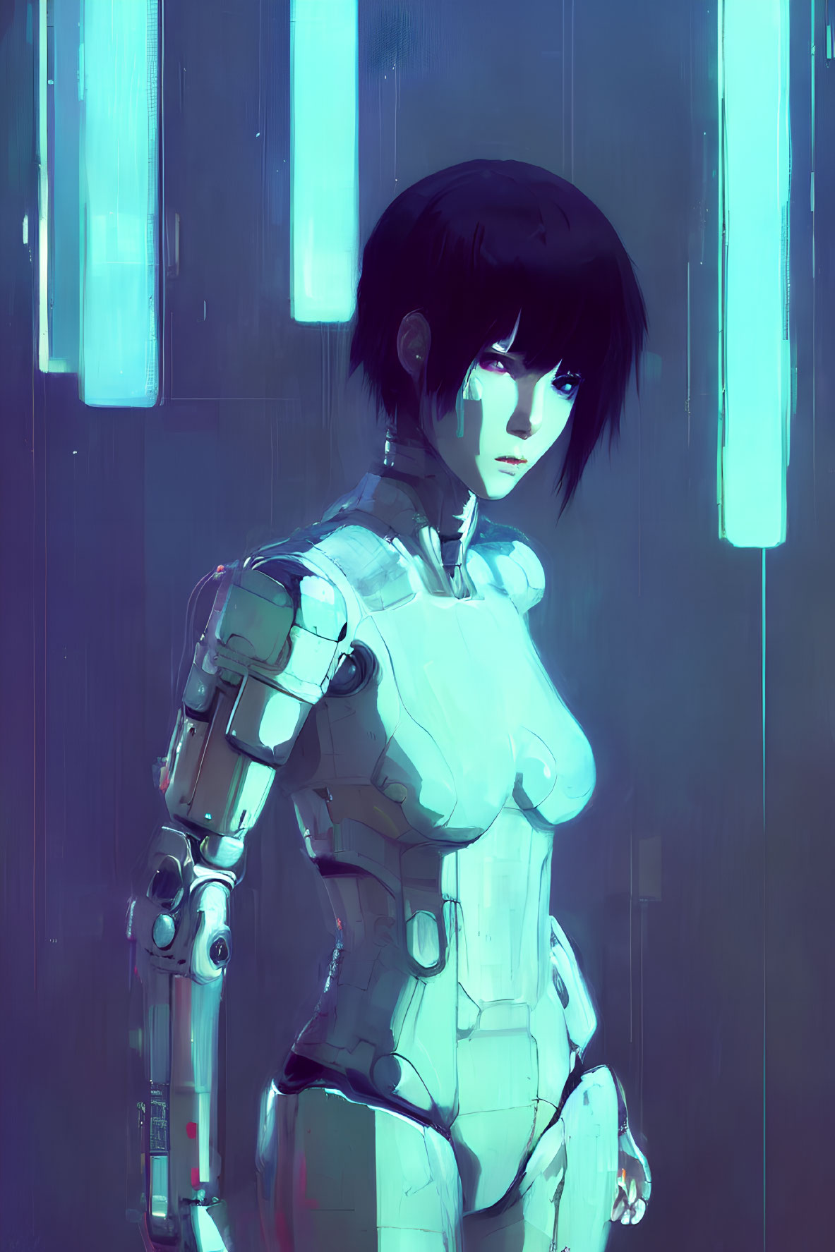 Futuristic female android with black hair and mechanical limbs against glowing blue lights