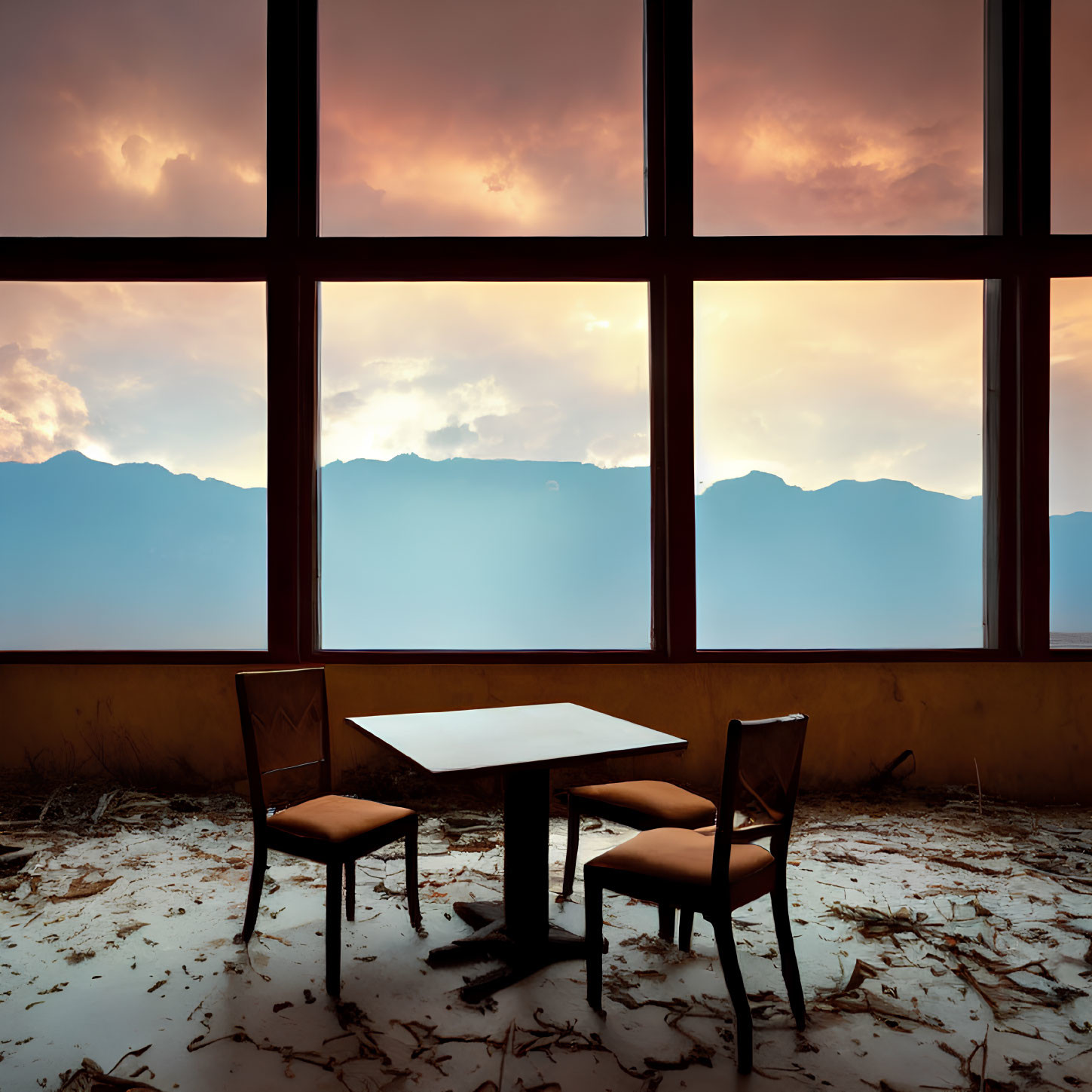 Serene sunset view from window with chairs and table