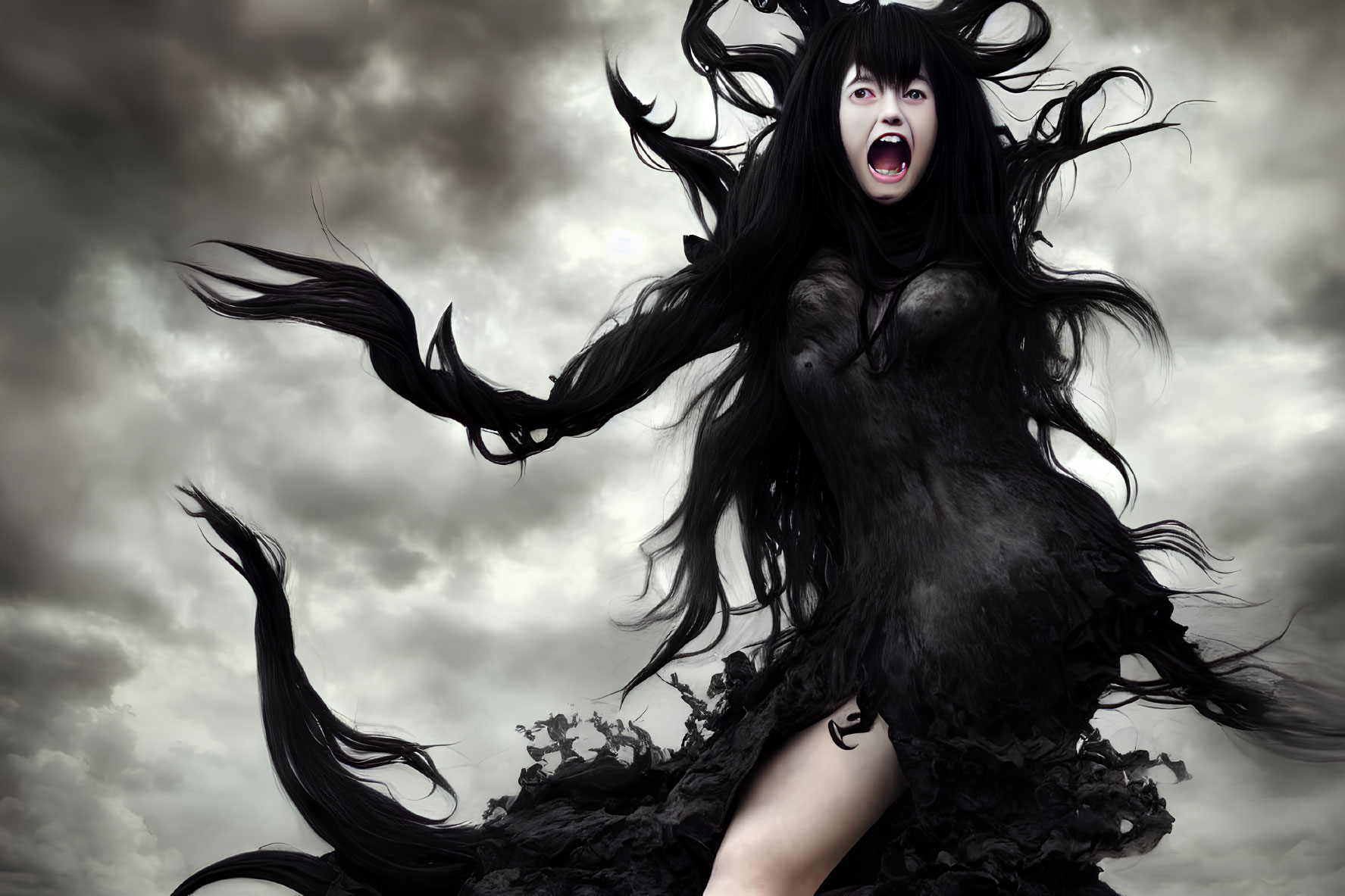 Woman with black hair and dress screams under stormy sky