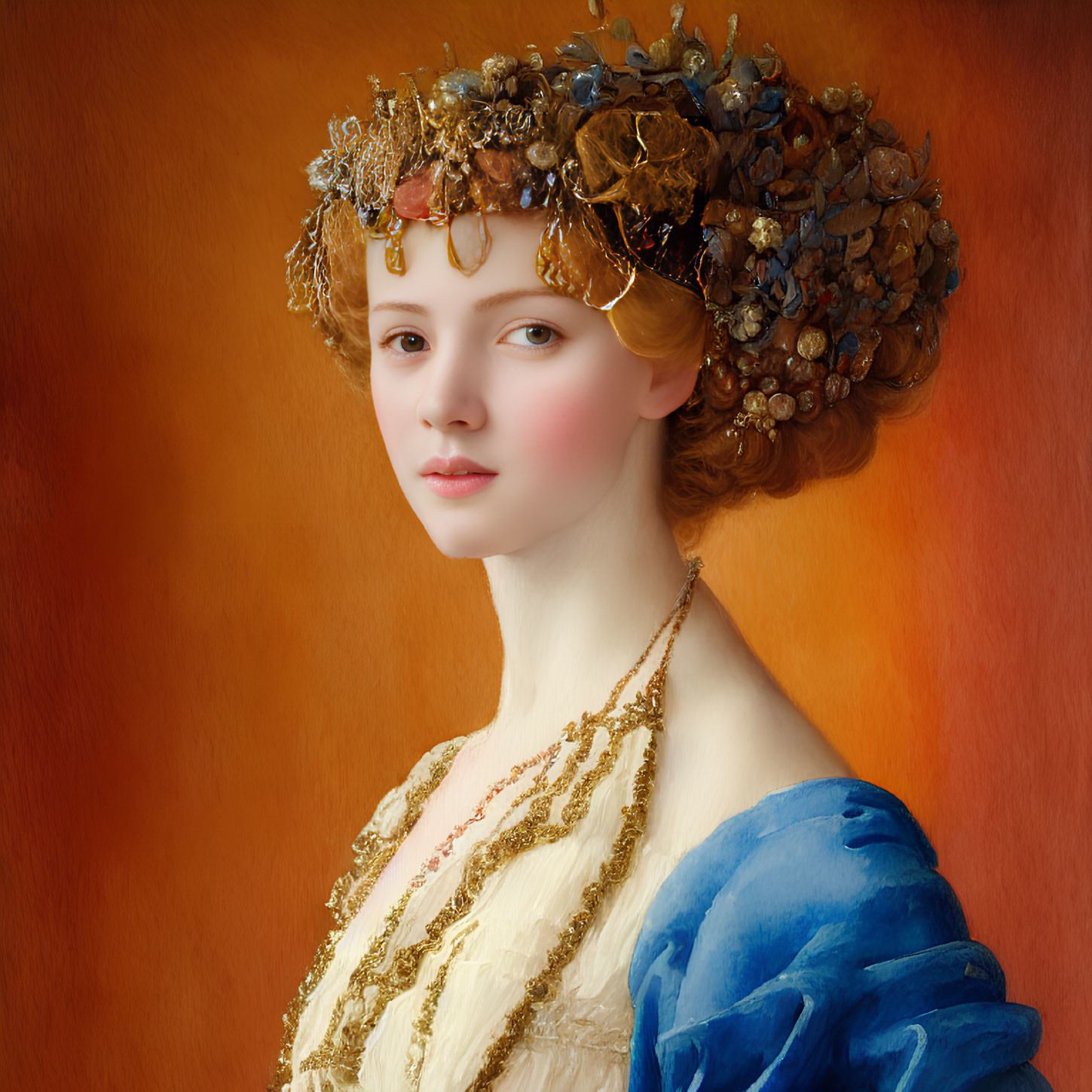 Woman with Ornate Headdress and Floral Garment on Orange Background