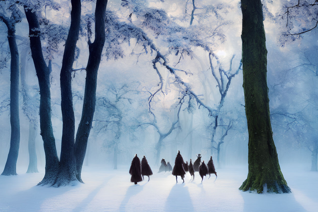 Figures on Horseback Traverse Snowy Forest Scene