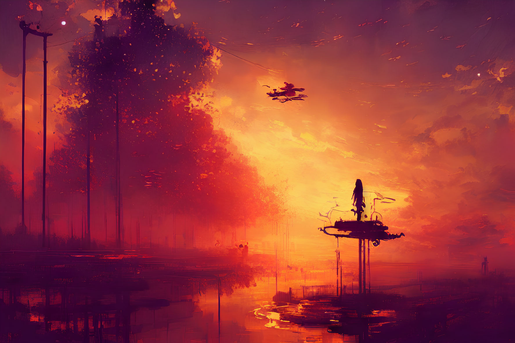 Surreal sunset with tree silhouettes, flying vehicles, and figure on platform reflected on water