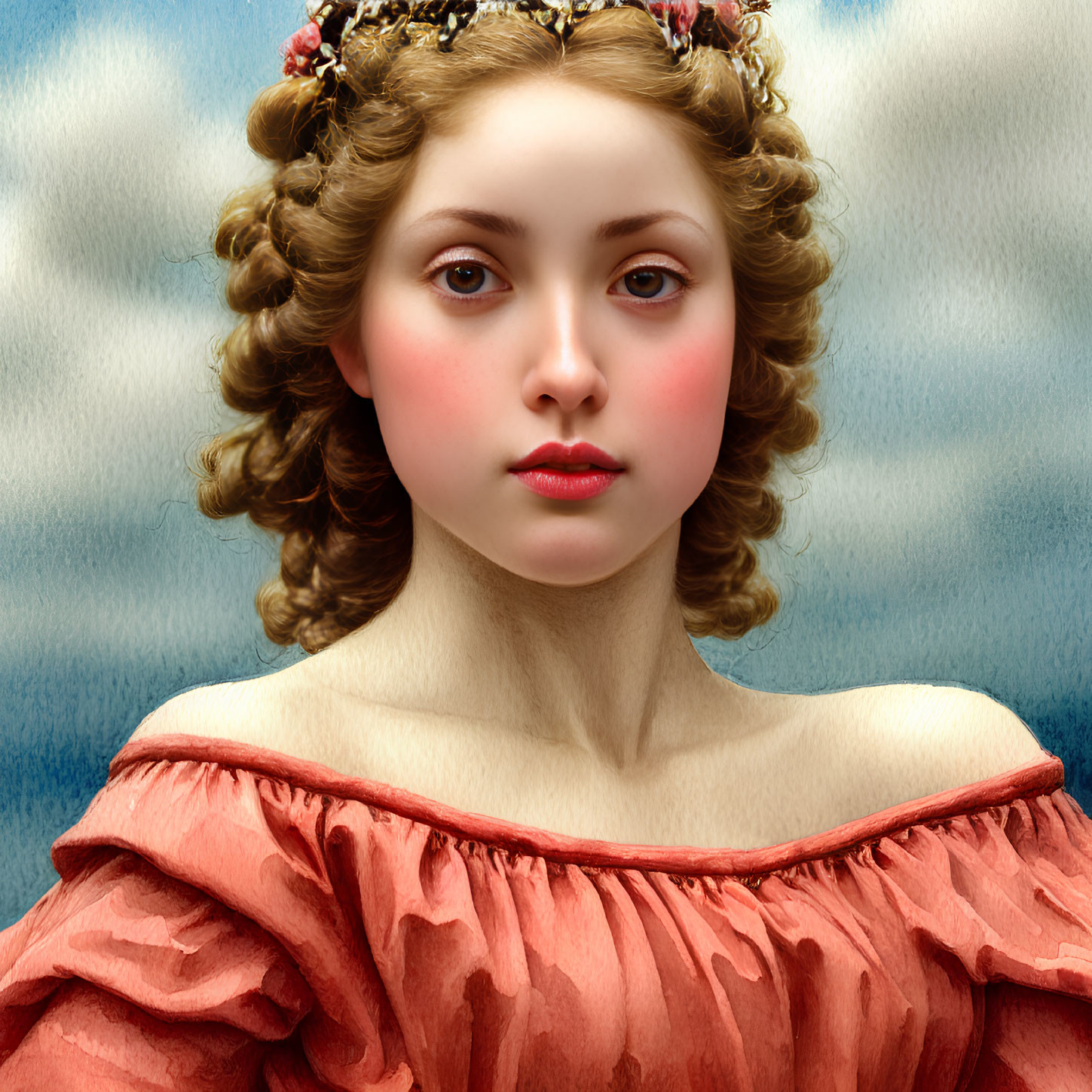 Woman portrait with curled hair, fair skin, red dress, and headpiece against cloudy sky