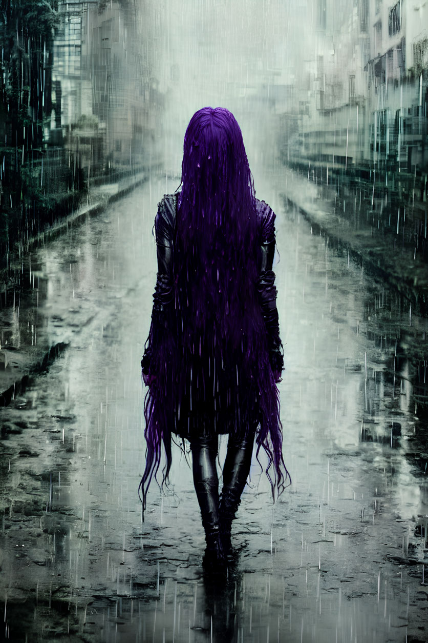 Person with Long Purple Hair Standing in Rain on City Street