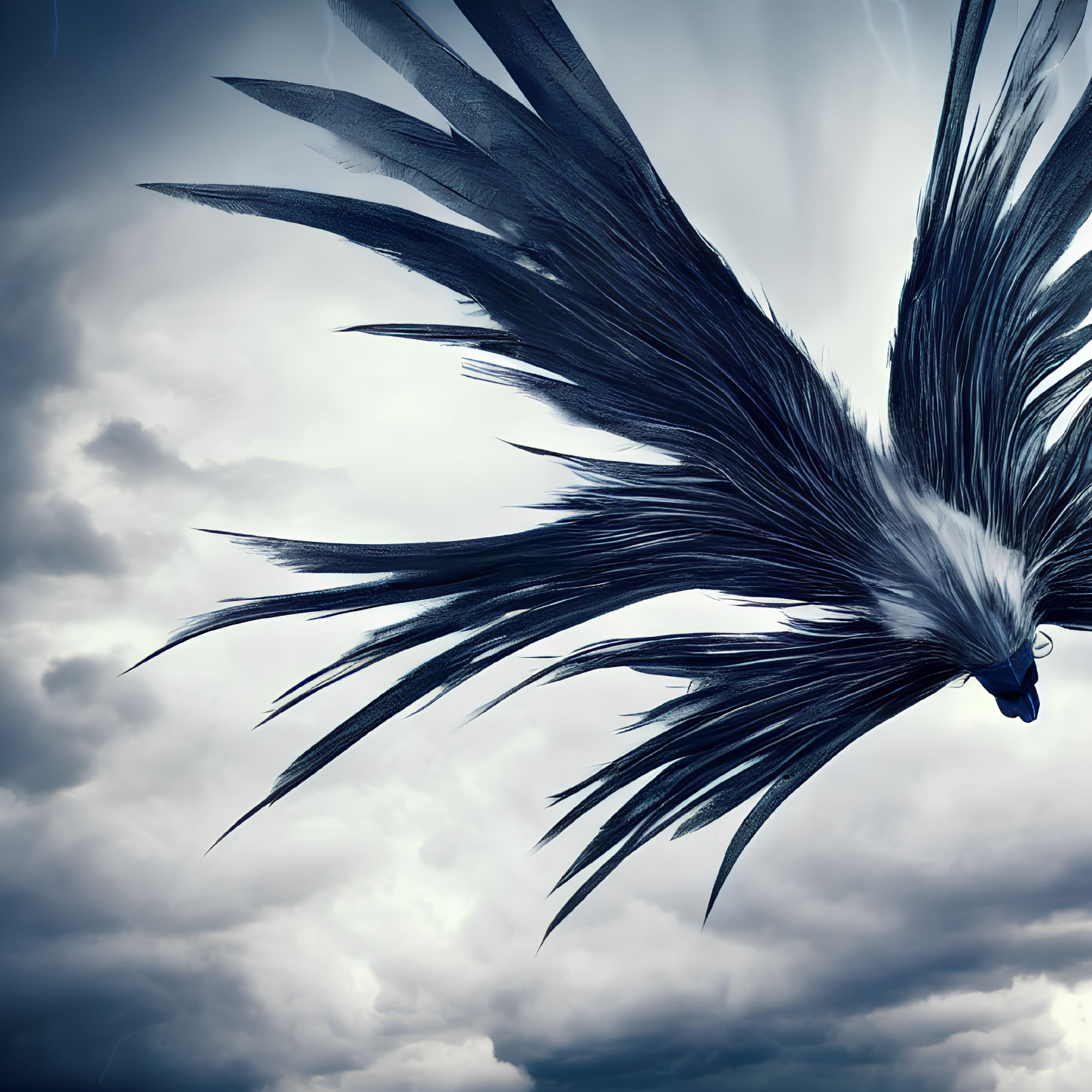 Dark-feathered bird soaring in stormy sky