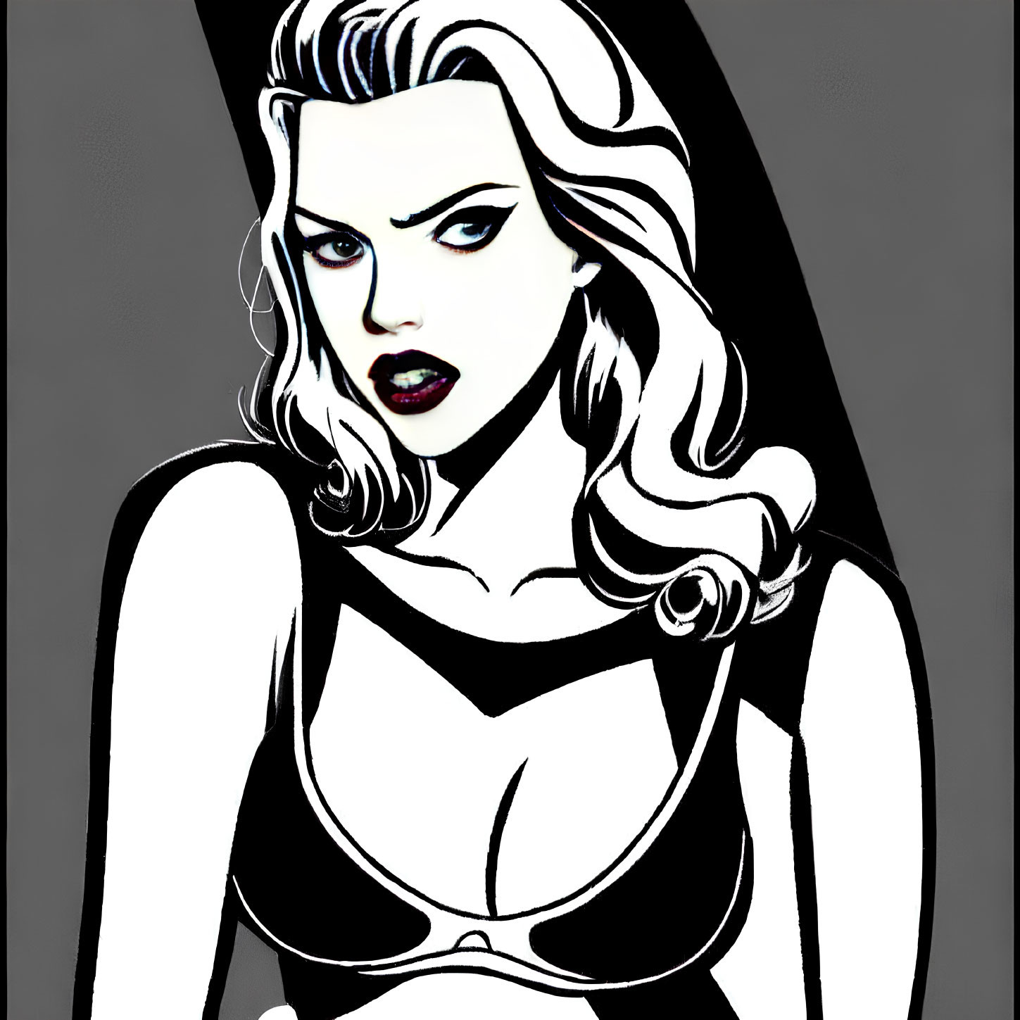 Illustration: Female character with black hair, pale skin, and dark lipstick in noir-inspired style.