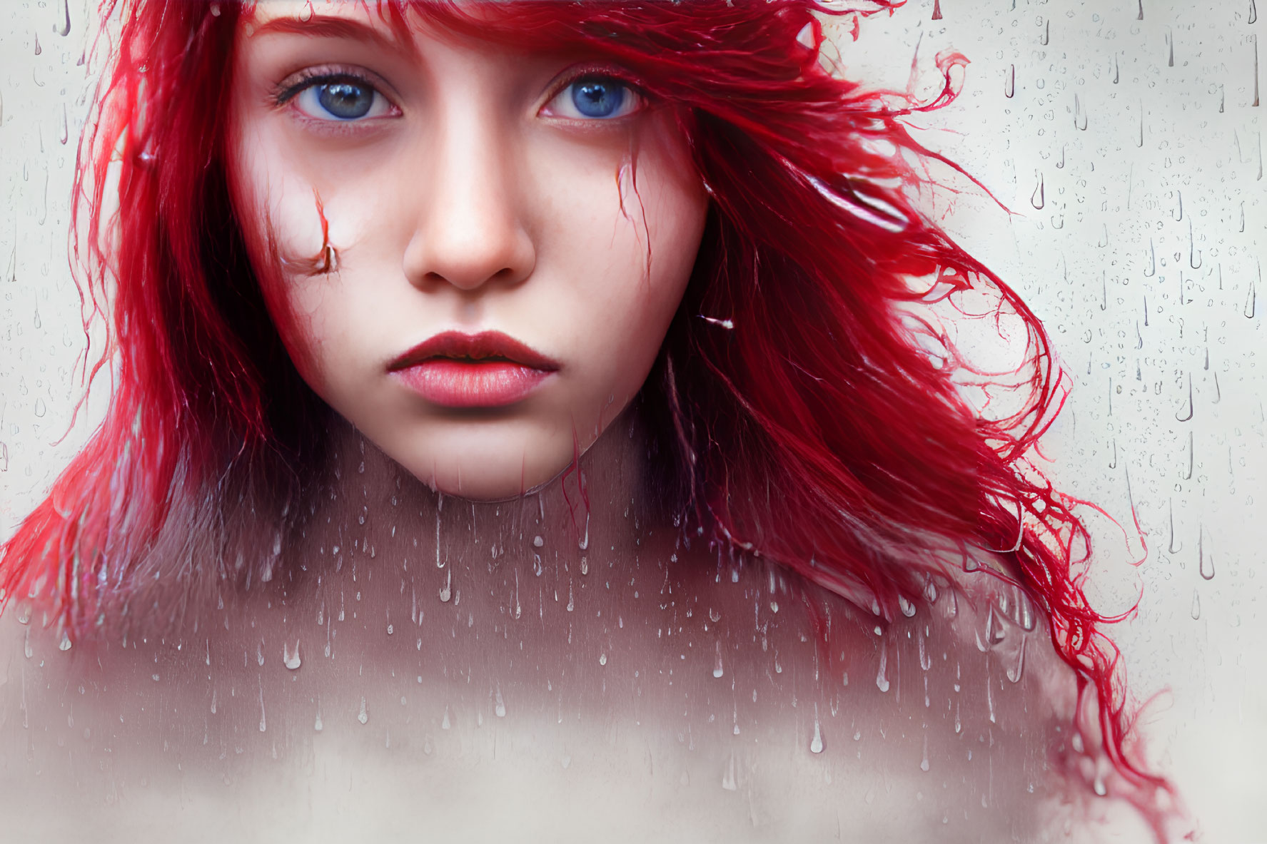 Person with Vibrant Red Hair and Striking Blue Eyes Behind Raindrop-Covered Glass