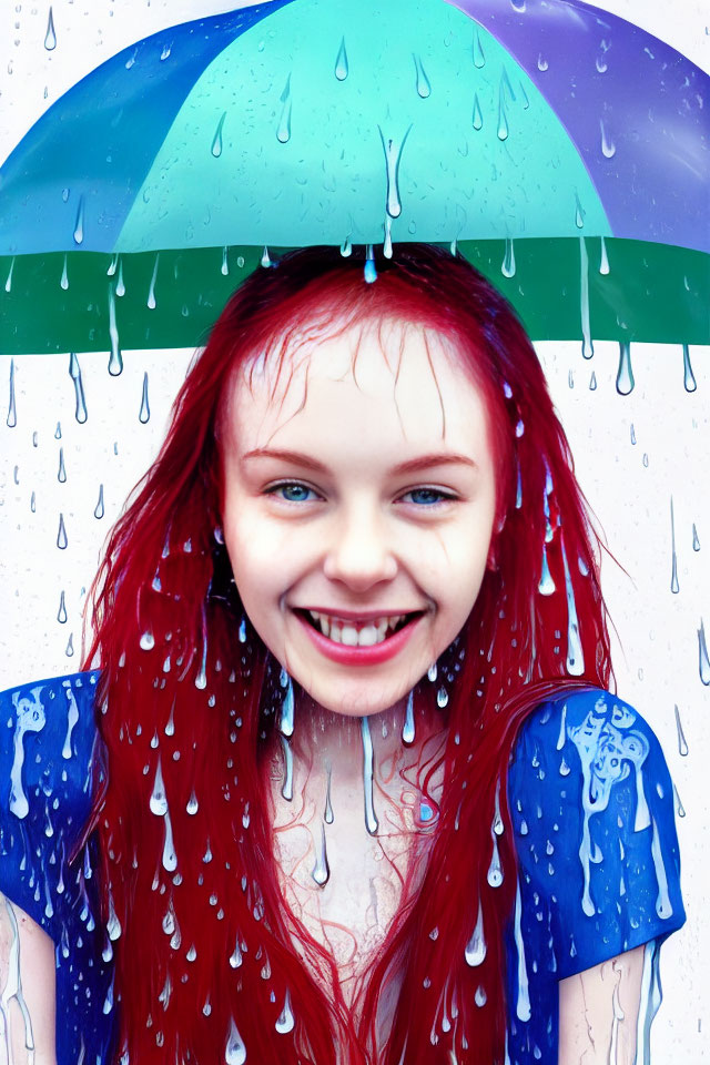 Red-Haired Girl Smiling with Colorful Umbrella in Heavy Rain