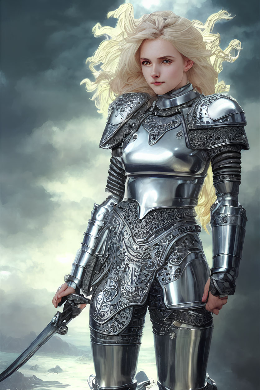 Blonde woman in silver armor with sword against moody sky.