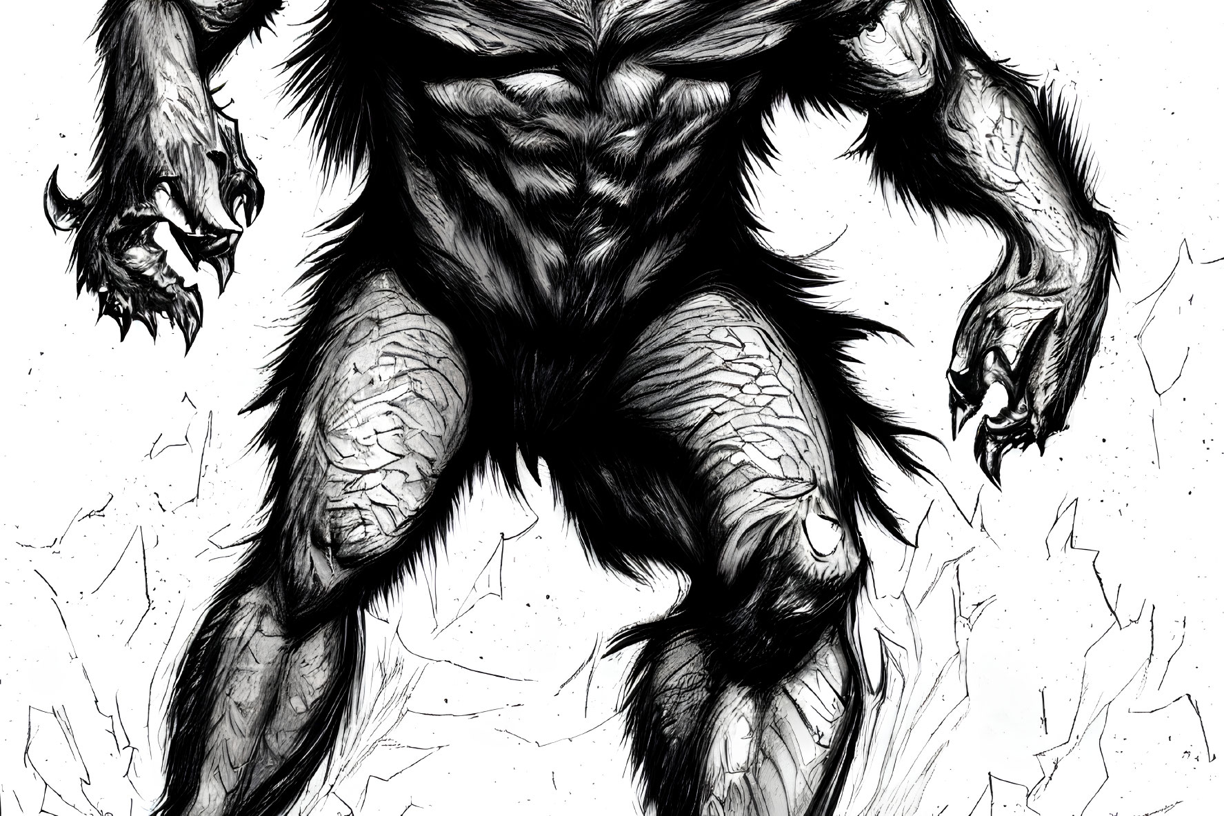 Monochrome illustration of ferocious werewolf breaking through surface