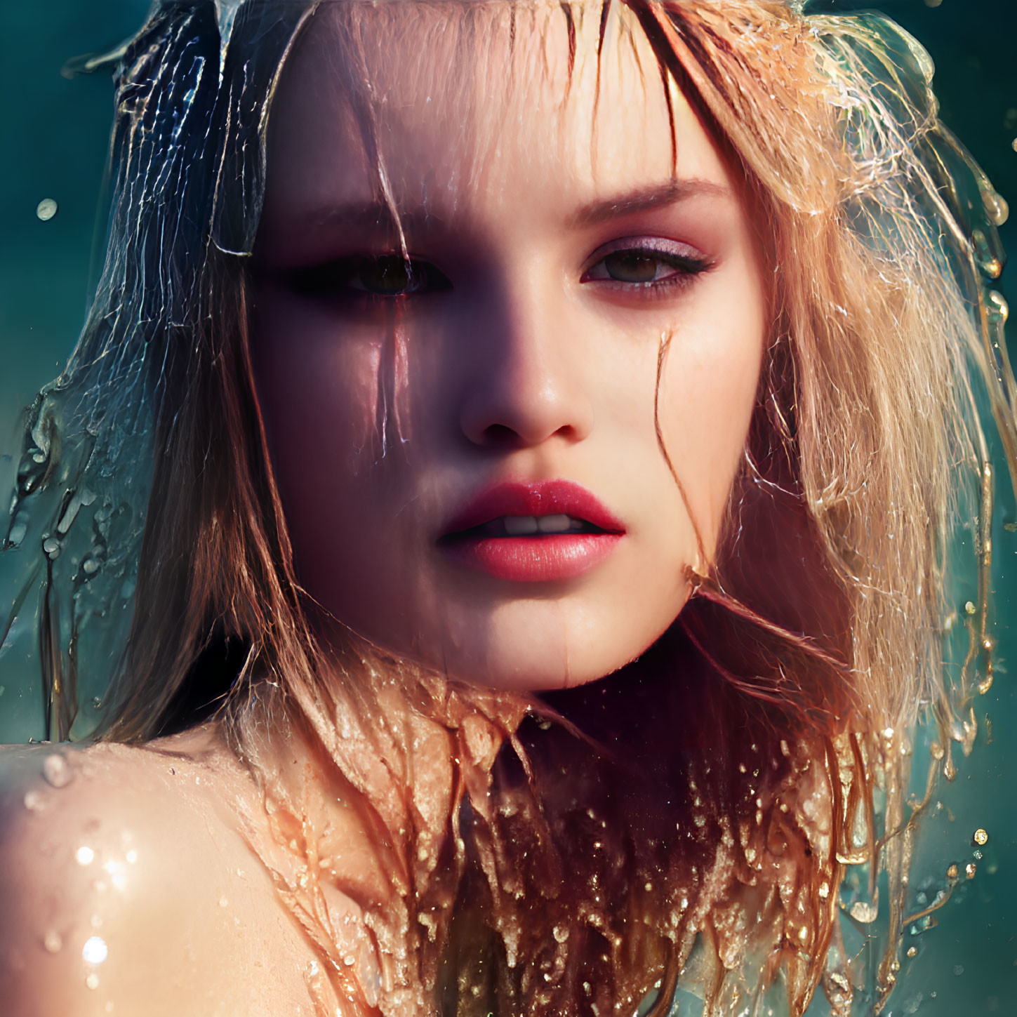 Close-up of woman with water splashing on hair and face, emphasizing striking features.