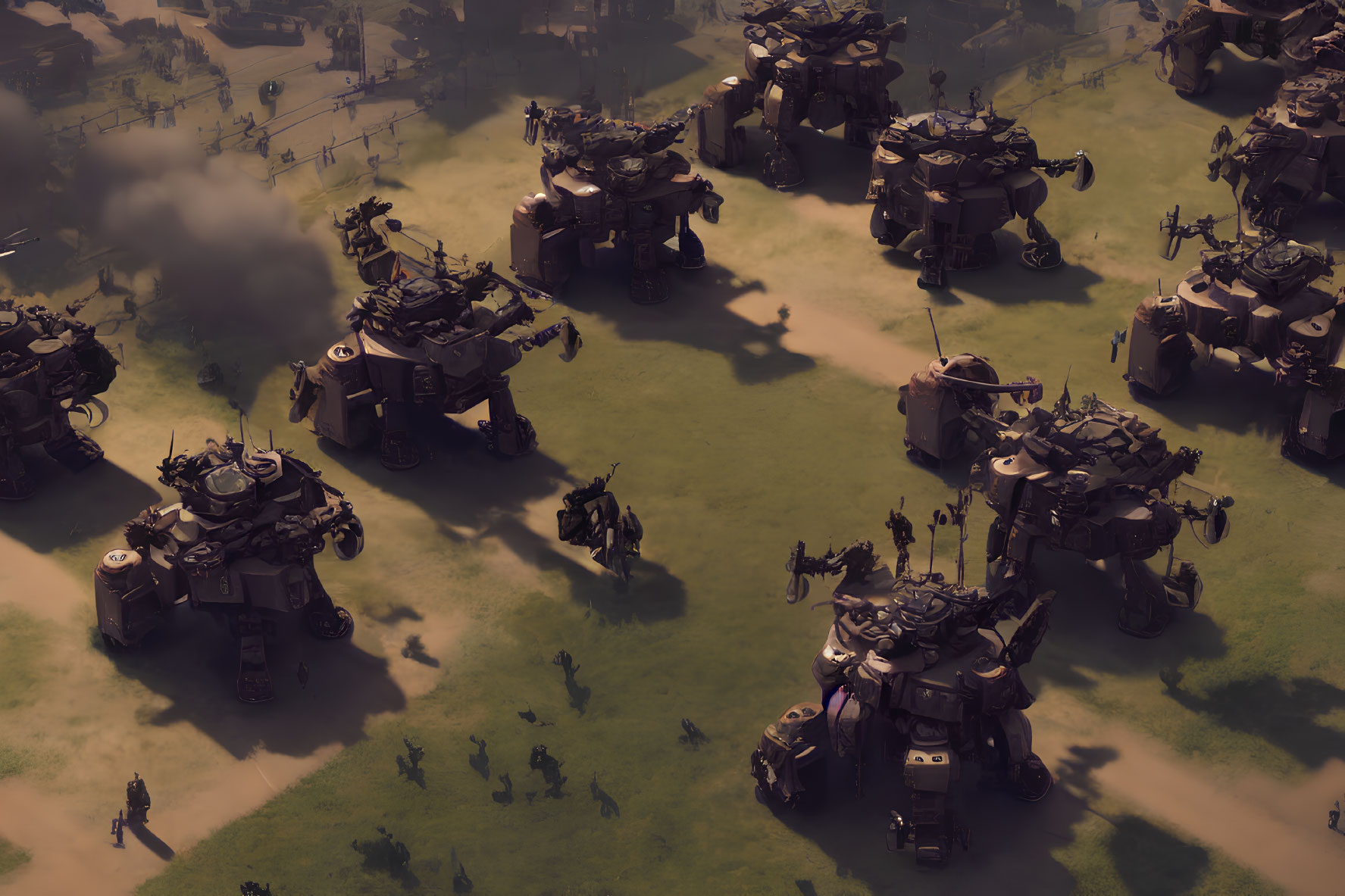 Futuristic armored vehicles convoy in desert sunset.