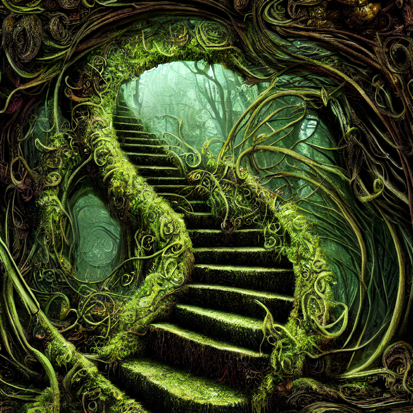 Spiraling staircase intertwined with greenery leading to foggy forest