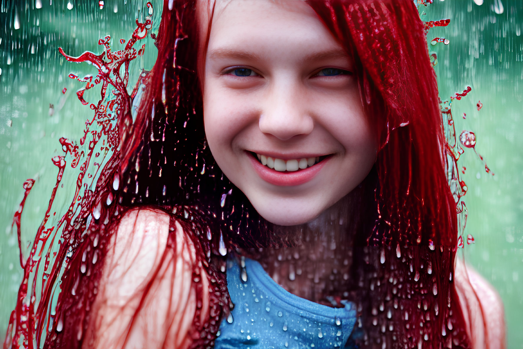 Joyful young girl with red liquid hair in simulated rain