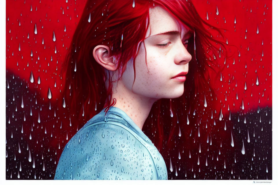 Young woman with red hair and freckles in profile against rainy window.