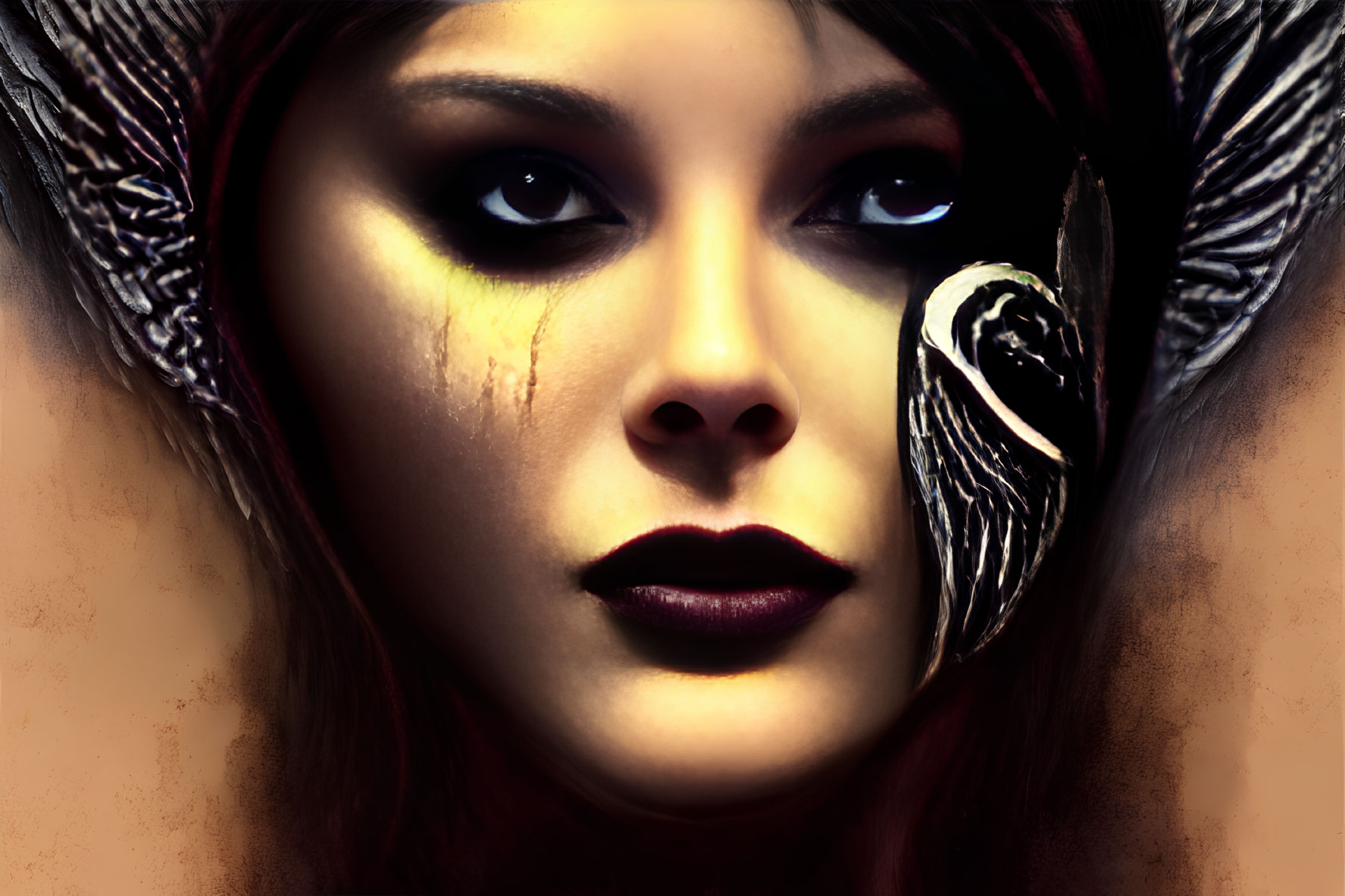 Intense woman with dark lips and feather eye makeup