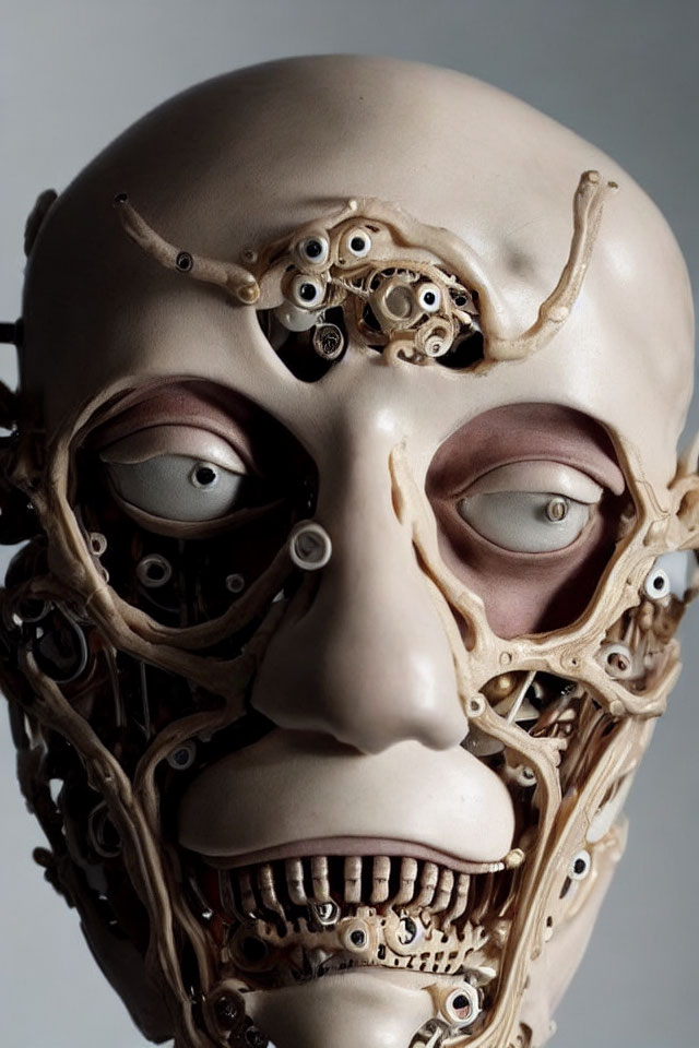 Surreal sculpture of human-like face with intricate mechanical details