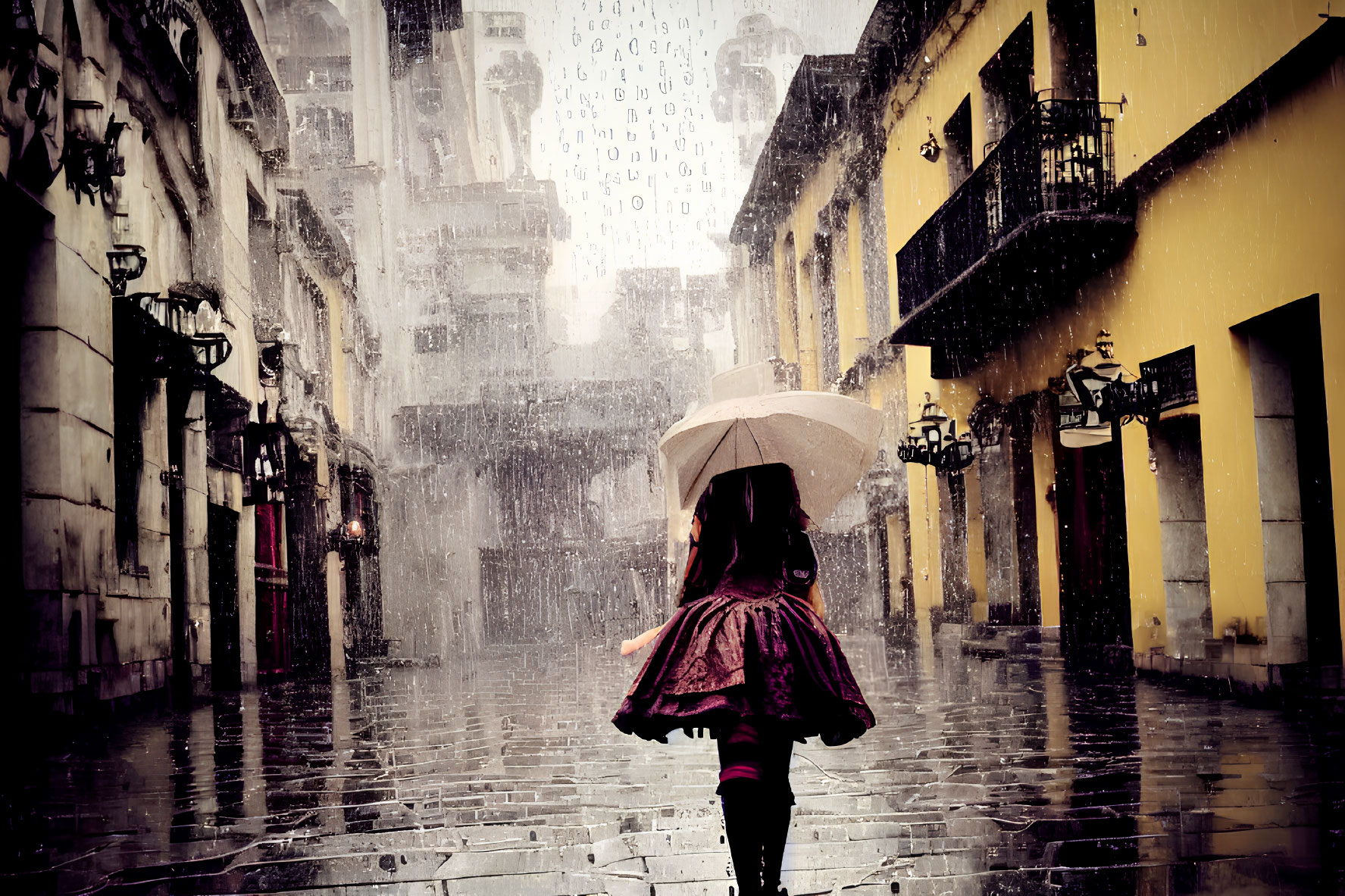 Person holding umbrella walking in rain-soaked street with old buildings