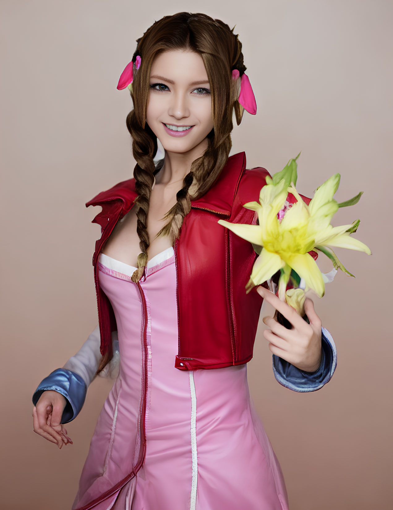 Cosplayer in red jacket and pink dress with braided hair and yellow flower
