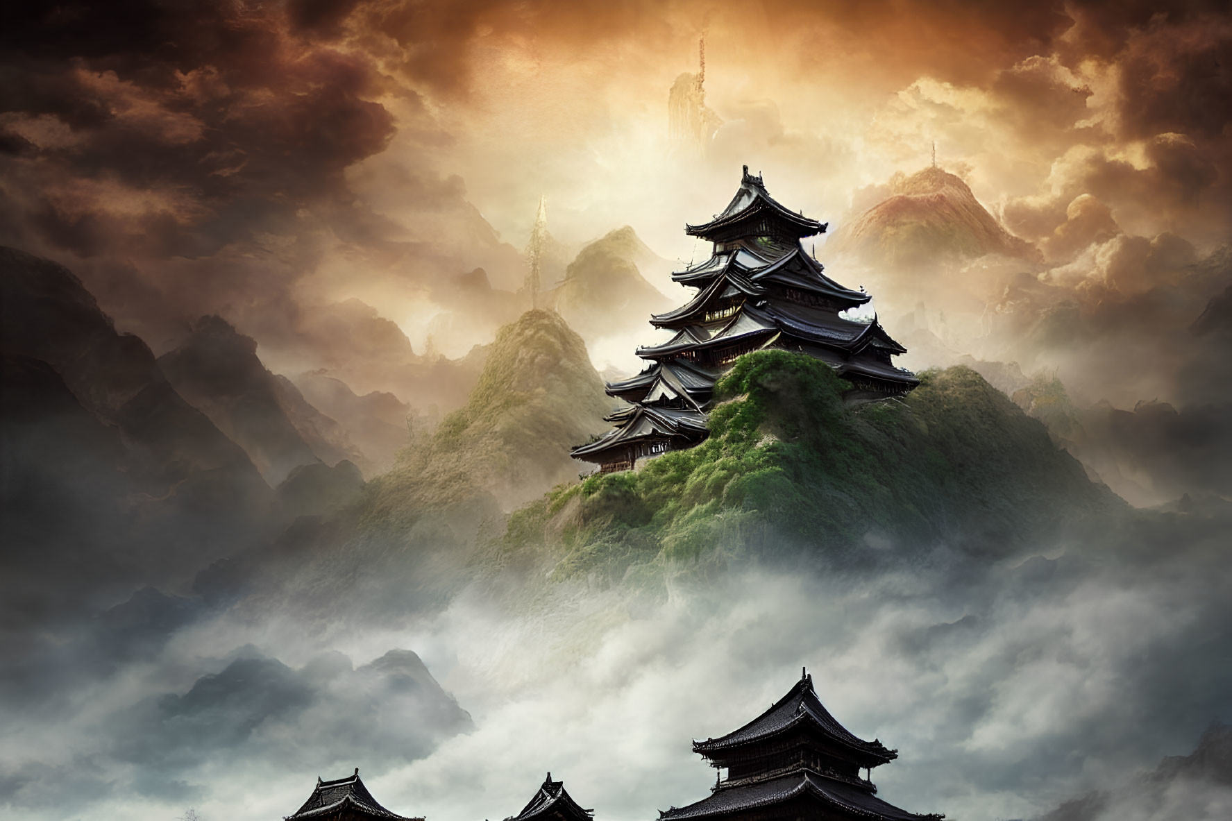 Japanese Castle on Misty Mountain with Dramatic Cloudy Sky