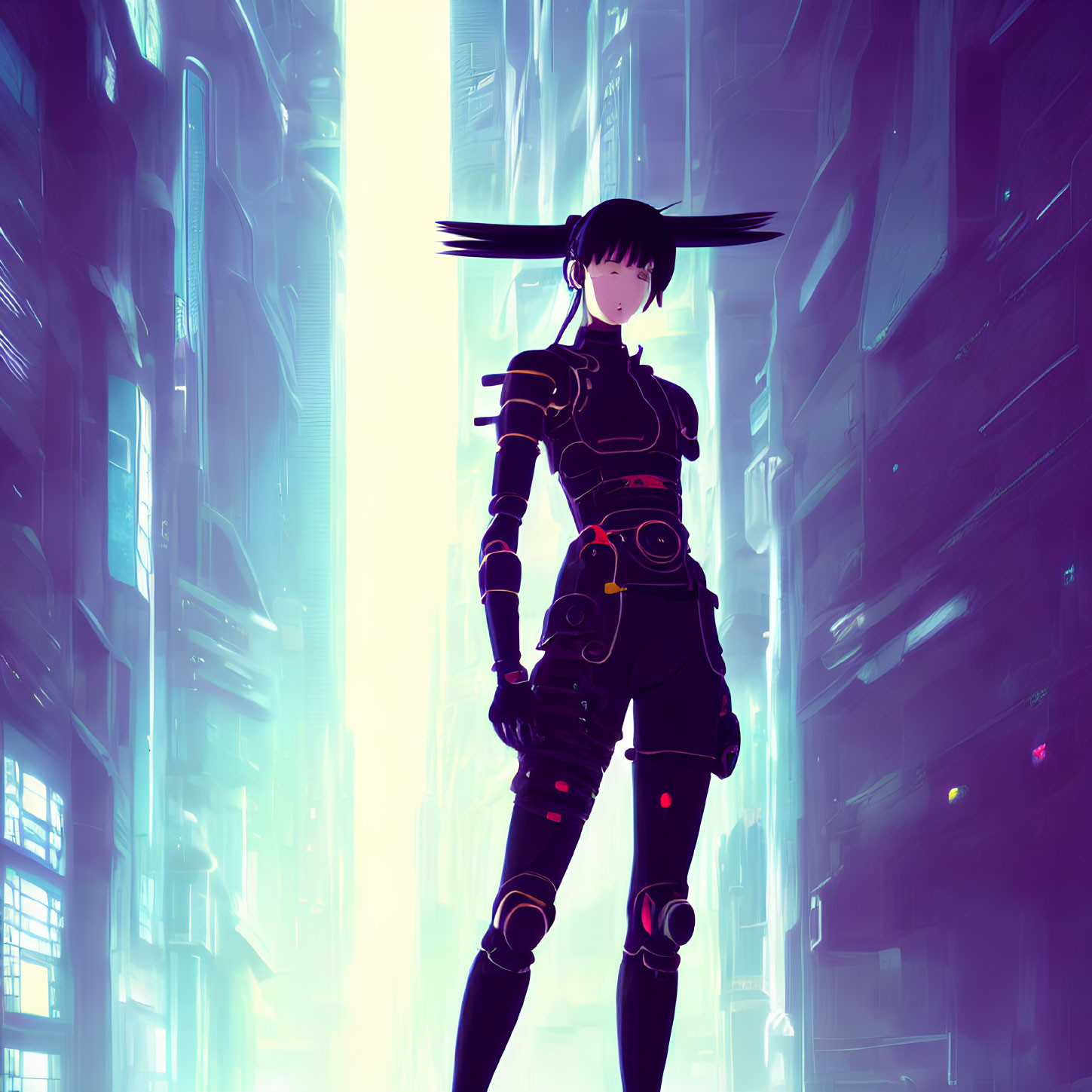 Futuristic female character in cyberpunk attire with black hair among neon-lit buildings