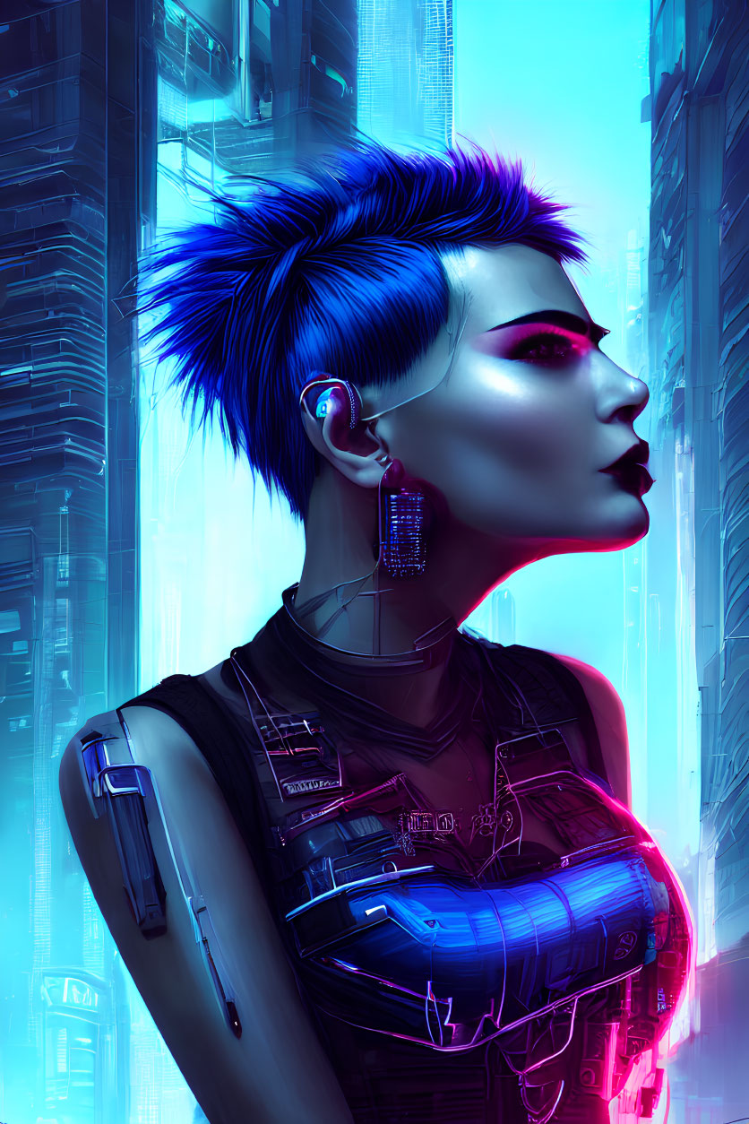 Female Android with Blue Hair in Cyberpunk Cityscape