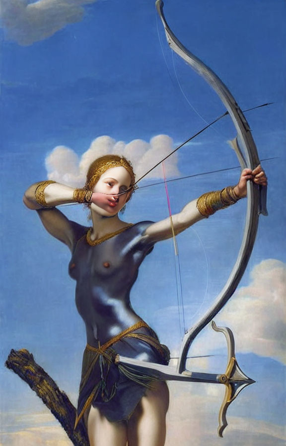 Human face merged with classical painting of female archer in blue sky.