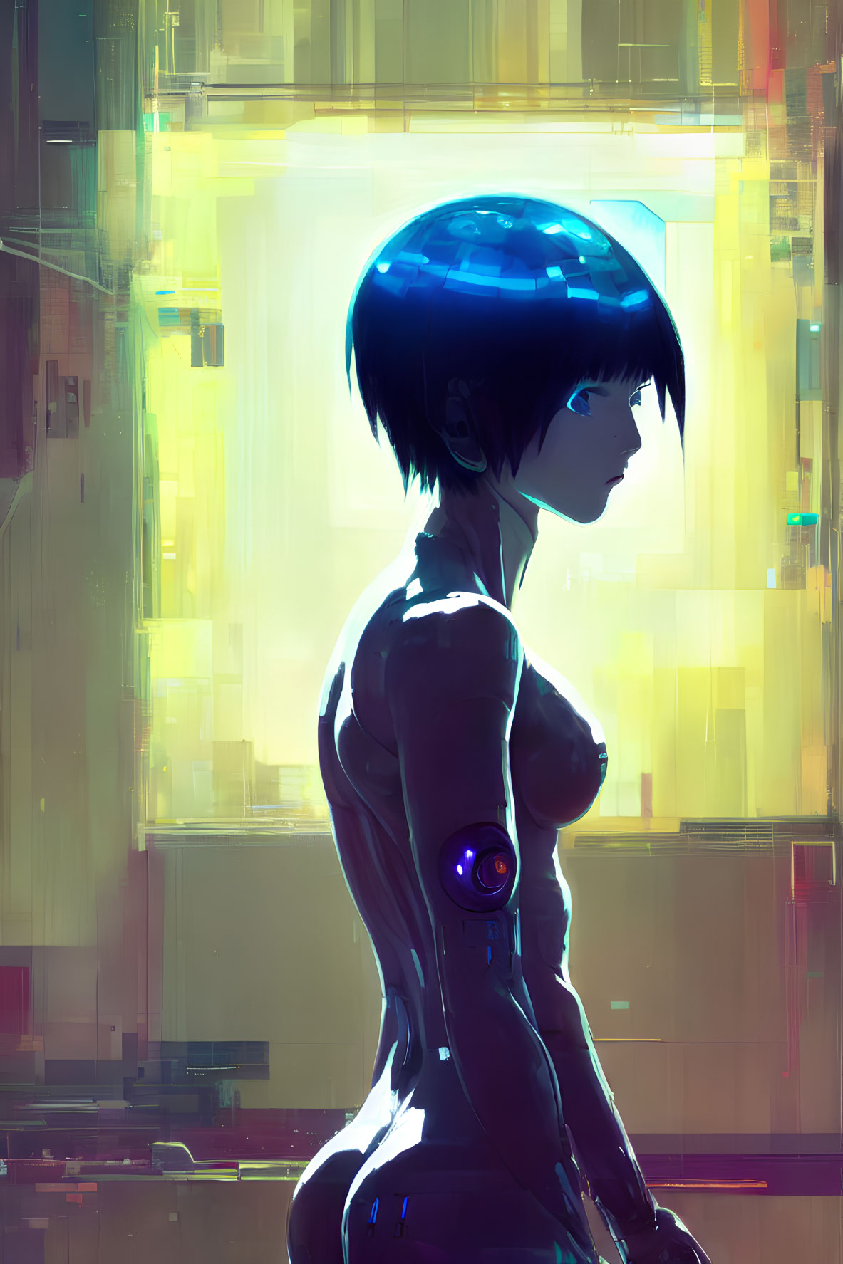 Futuristic digital art: Female with blue bob haircut in cyberpunk setting