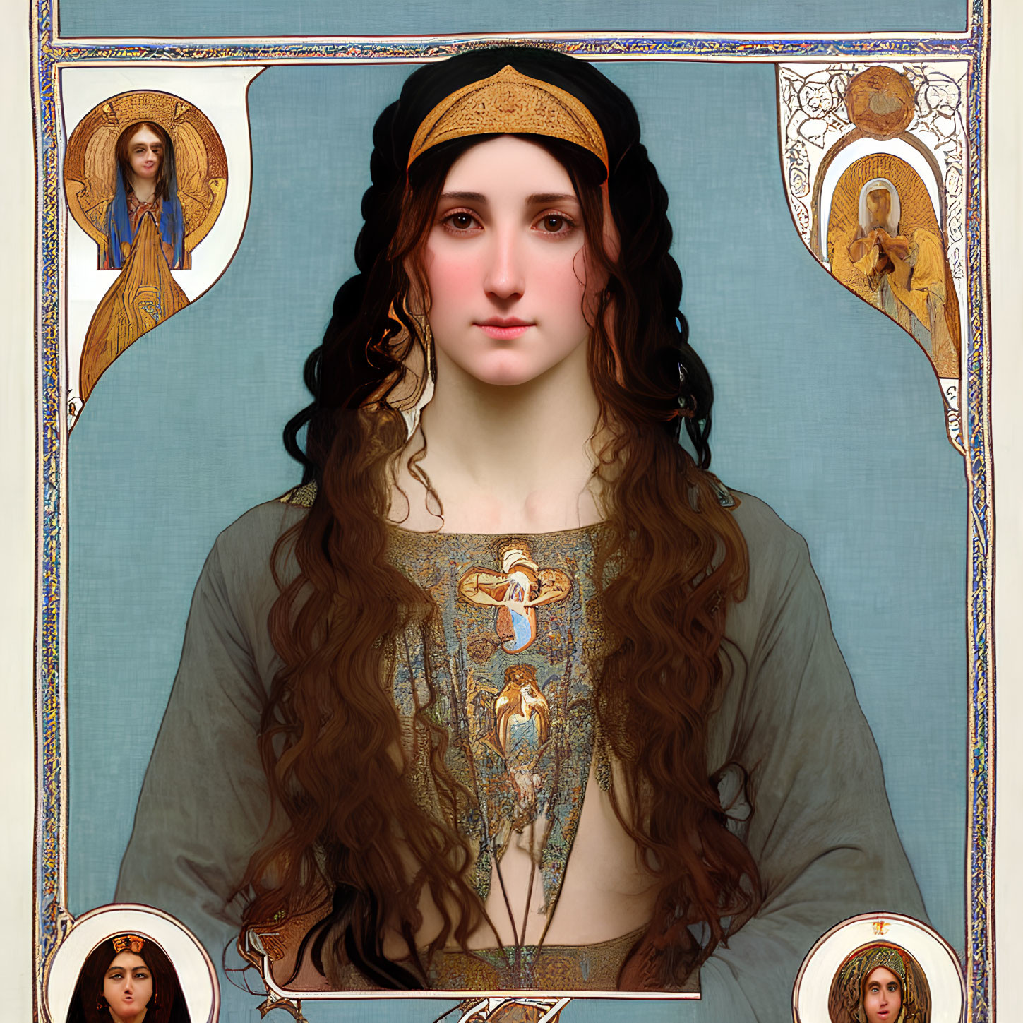 Woman's portrait with long, wavy hair and Art Nouveau motifs.