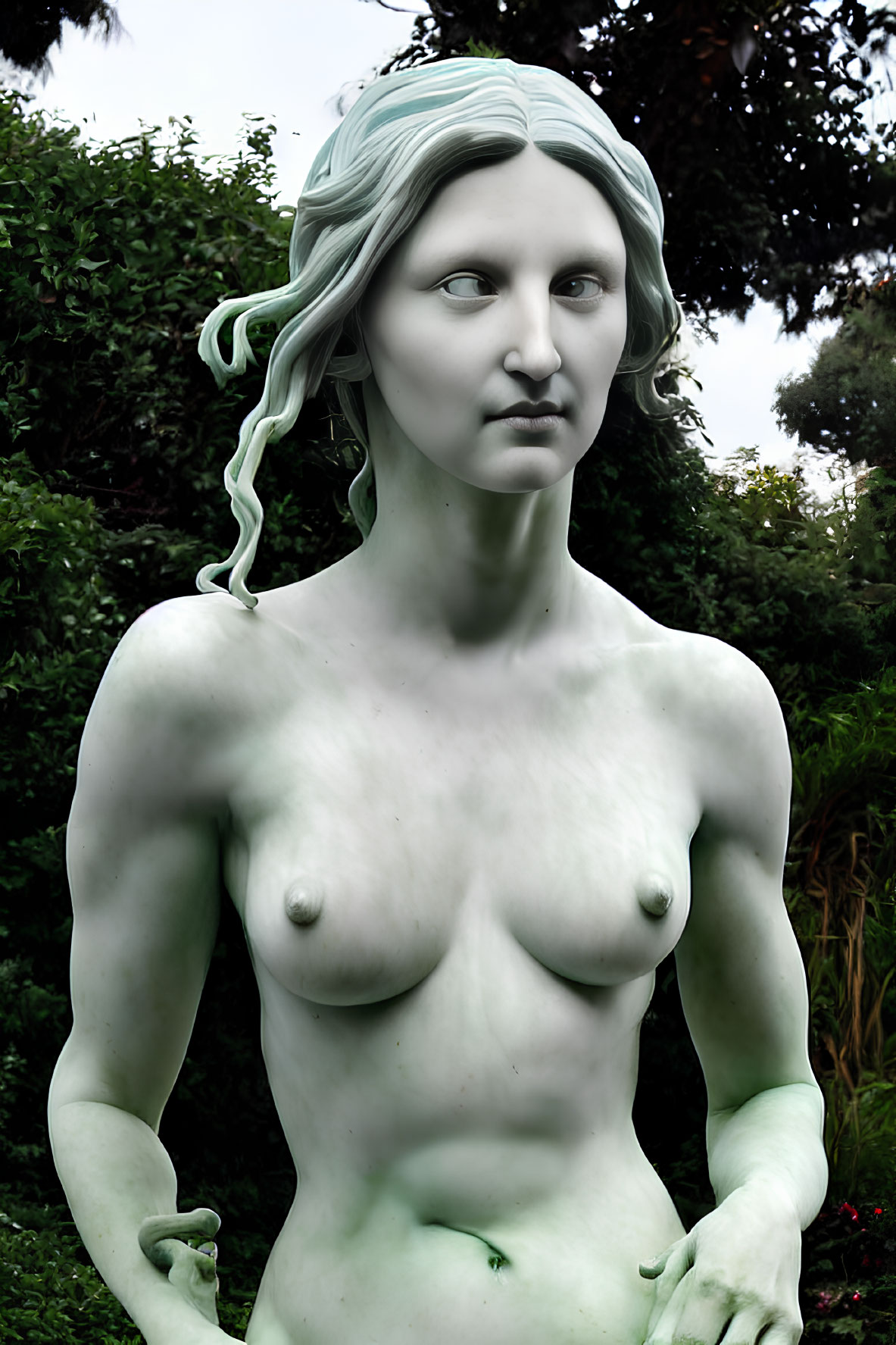 Detailed Female Figure Statue Among Green Foliage