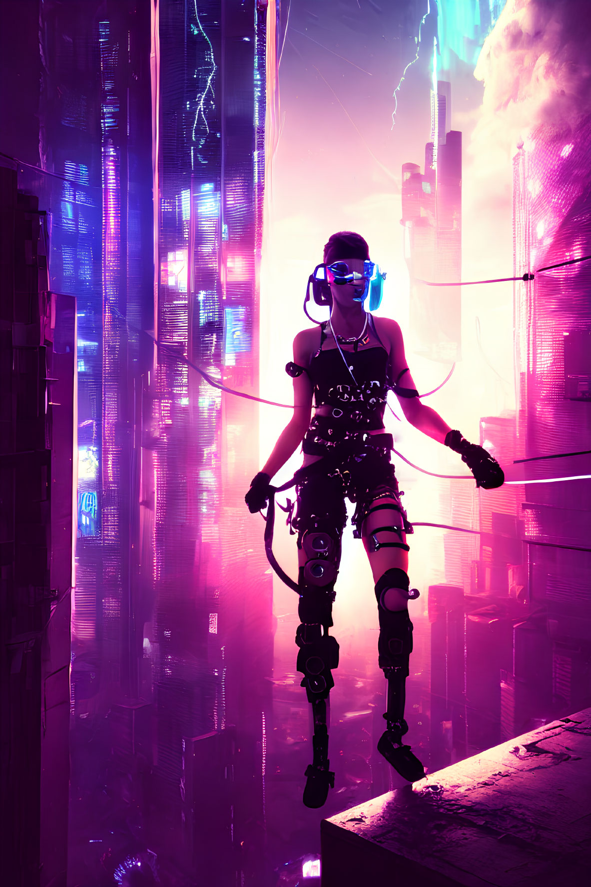 Cyberpunk character with neon accents overlooking futuristic cityscape