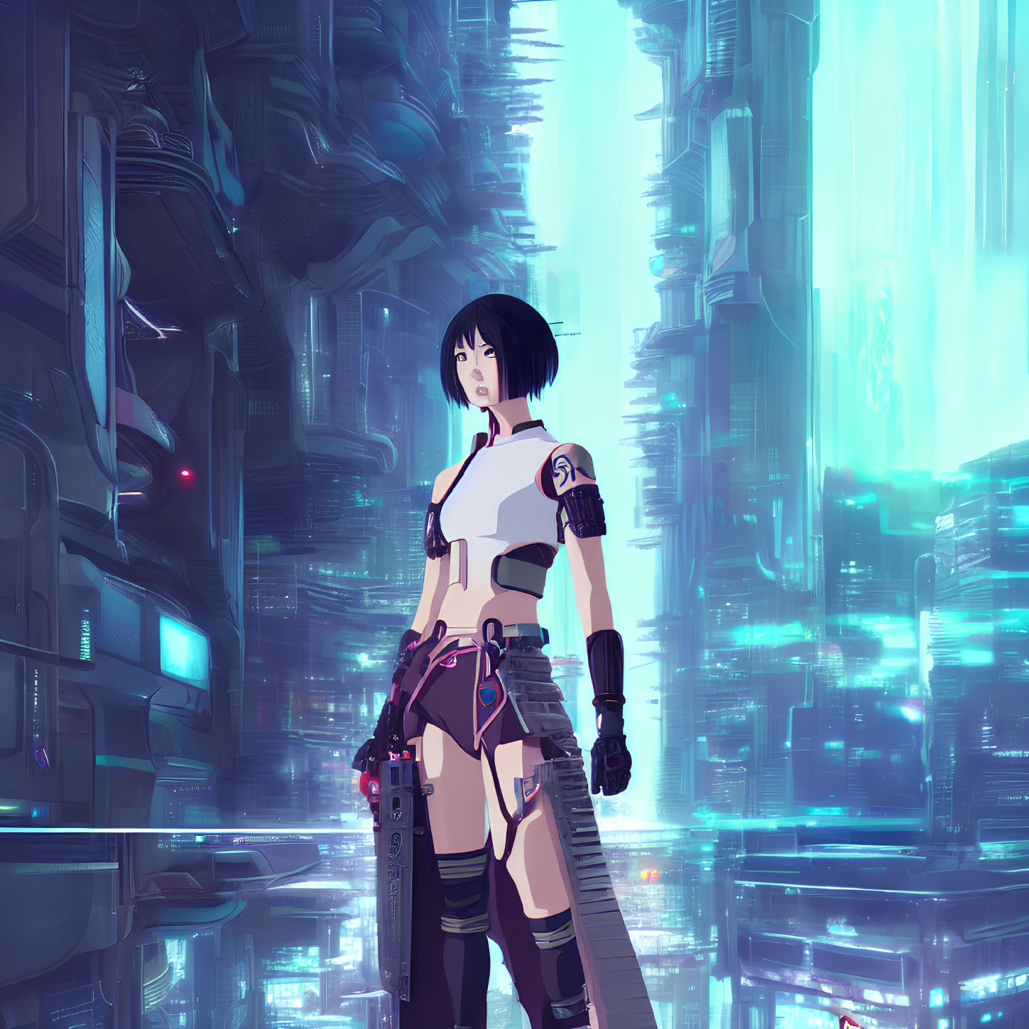 Female anime character in cyberpunk futuristic cityscape.