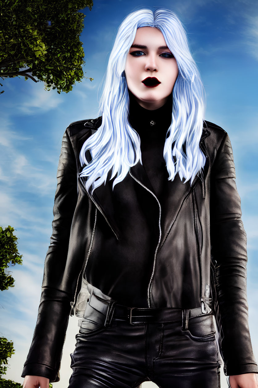 Pale-skinned person with blue hair in leather jacket against blue sky and tree branches.