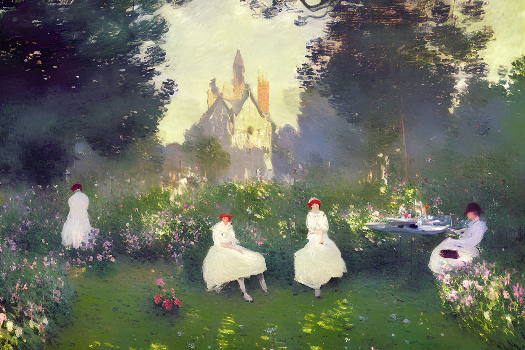 Impressionist-style painting of women in white dresses in garden with castle-like building