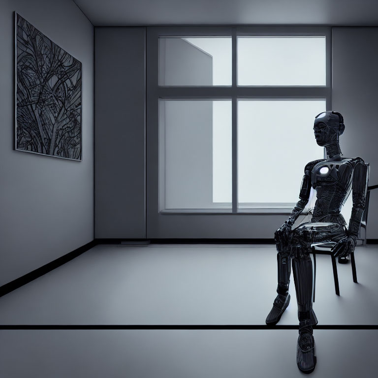 Humanoid Robot Sitting on Chair in Dimly Lit Room with Abstract Painting