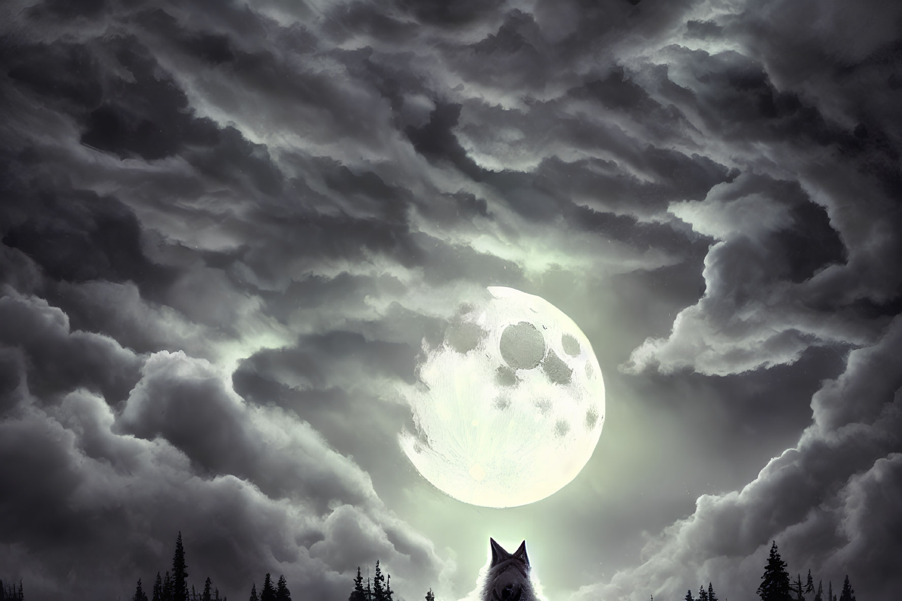 Silhouetted wolf howling at full moon in dramatic night sky