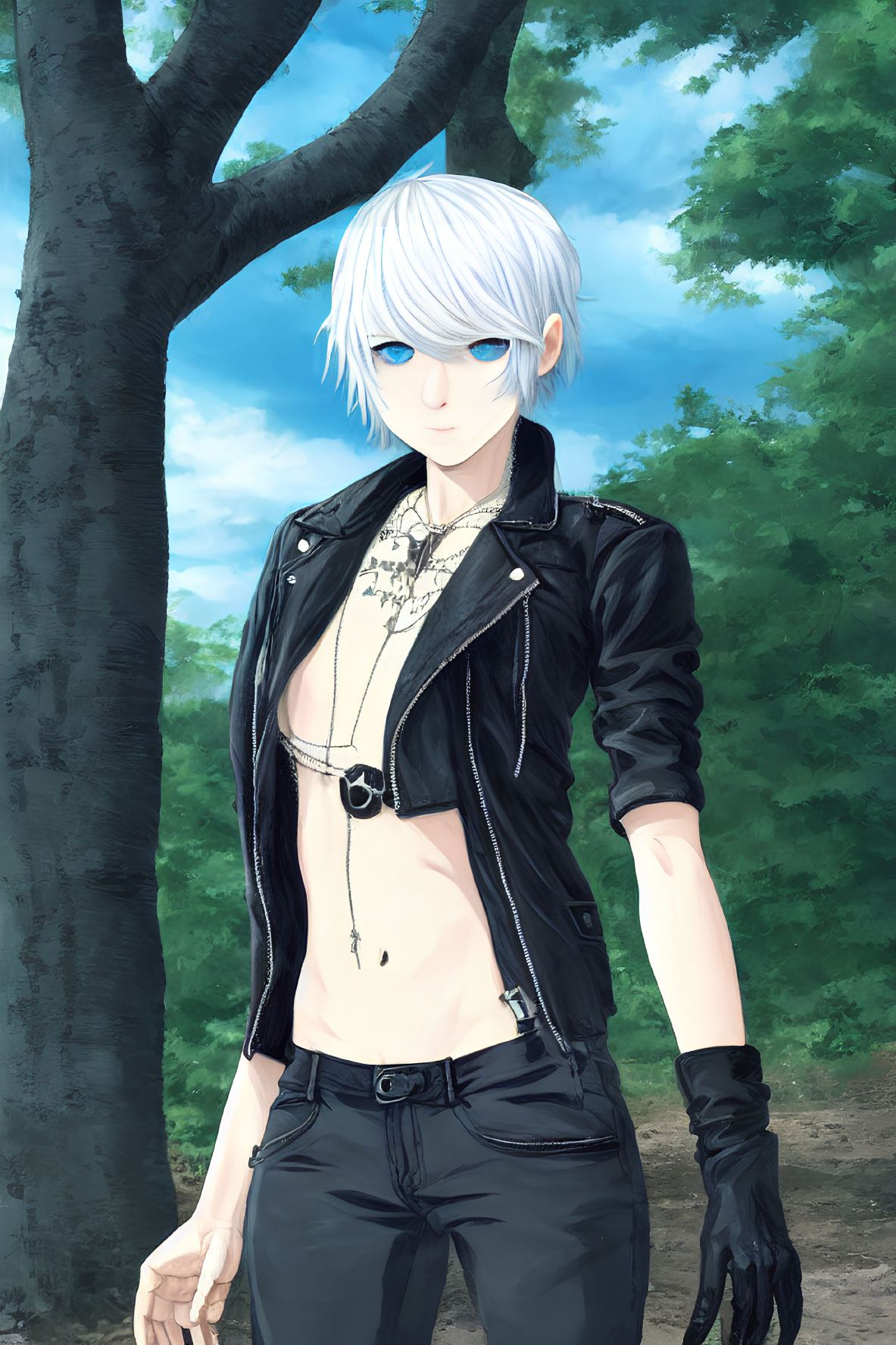 Anime character with white hair and blue eyes in black leather jacket and jeans under lush green tree