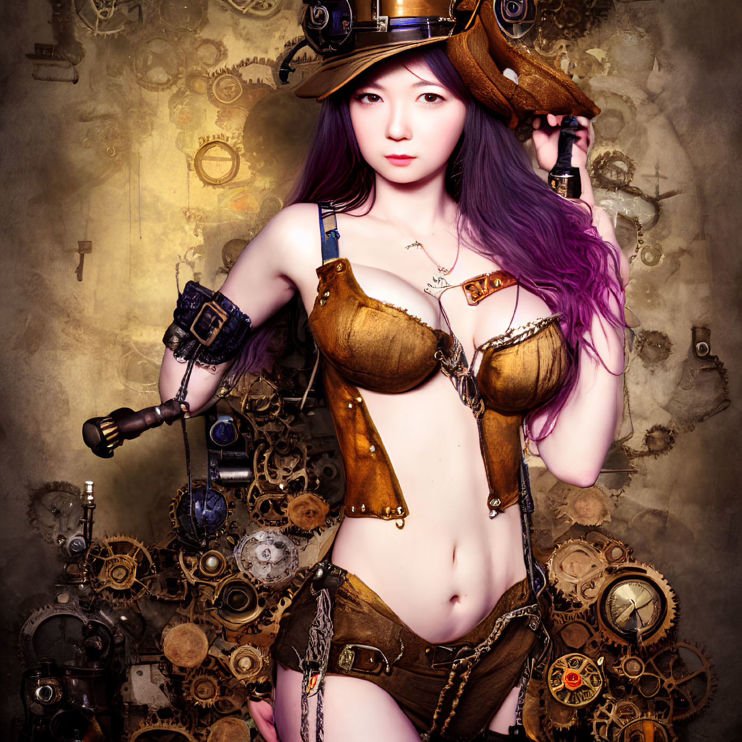 Steampunk-themed person with purple hair, hat, and goggles in front of mechanical backdrop