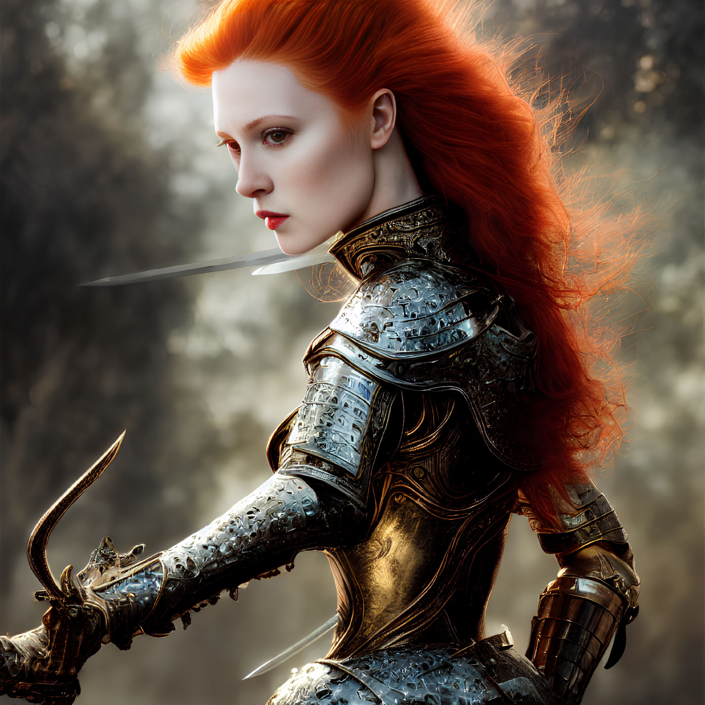Red-haired woman in medieval armor wields sword in misty forest