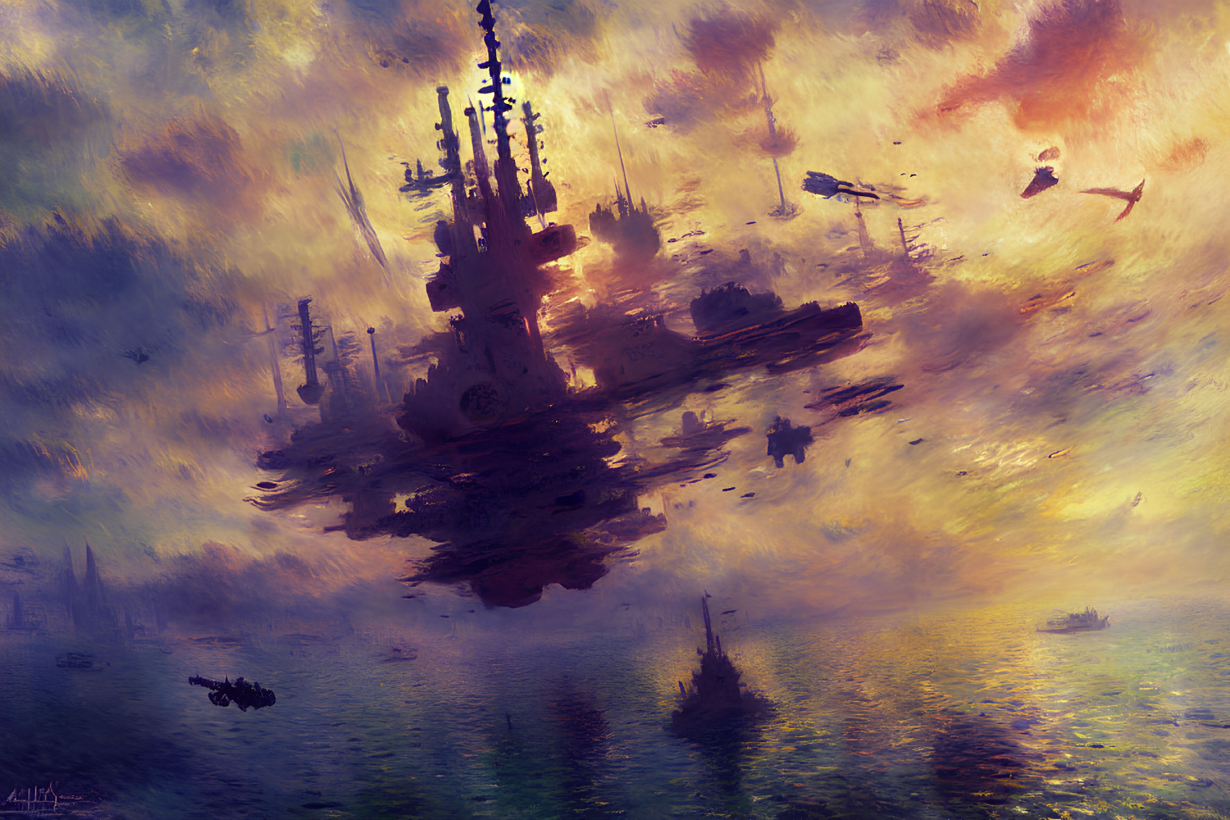 Fantastical sunset scene with floating ships and wildlife in vibrant colors