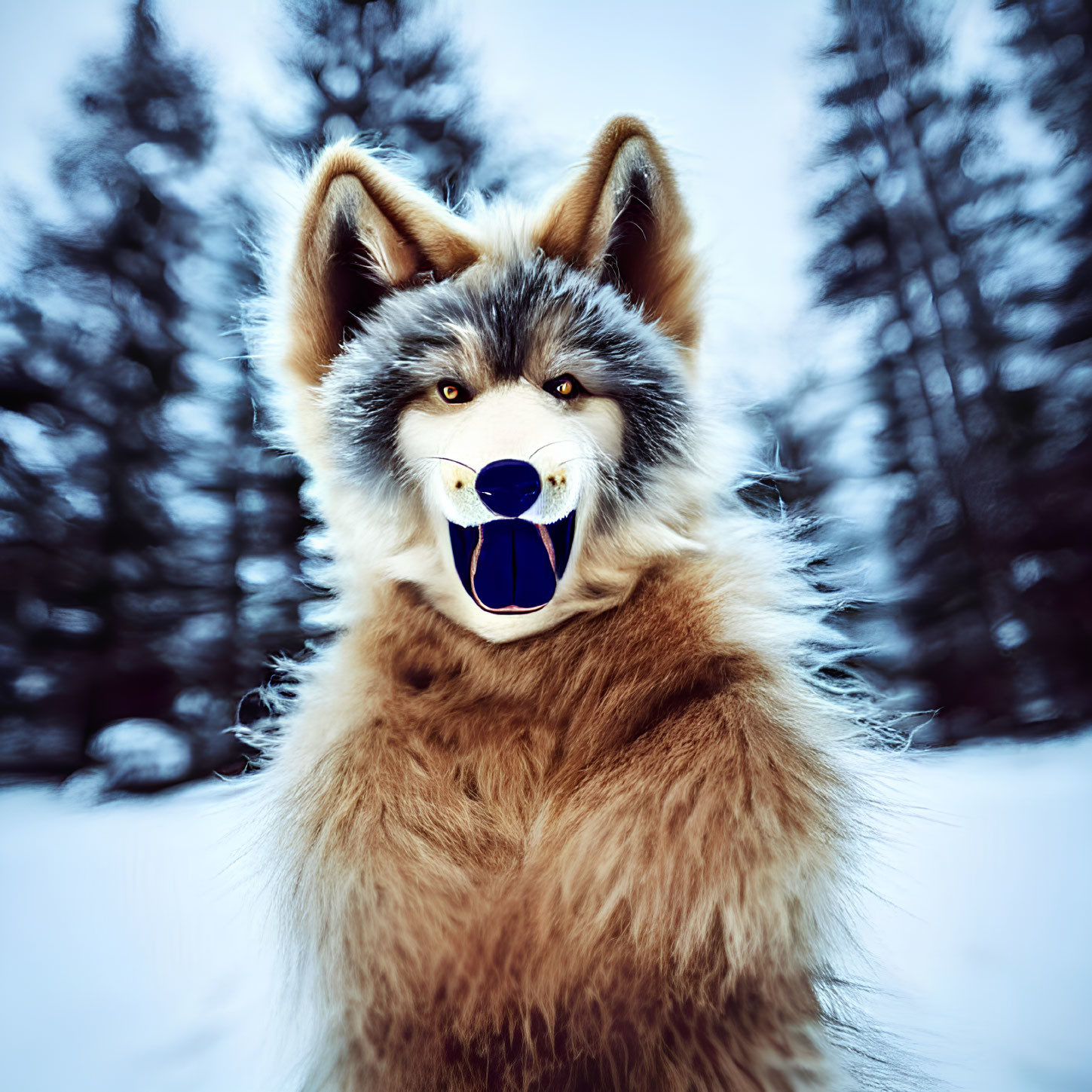 Realistic wolf costume in snowy forest with open mouth