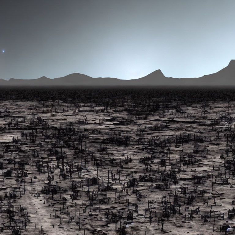Barren landscape with oil derricks, twilight sky, mountains, and celestial body.