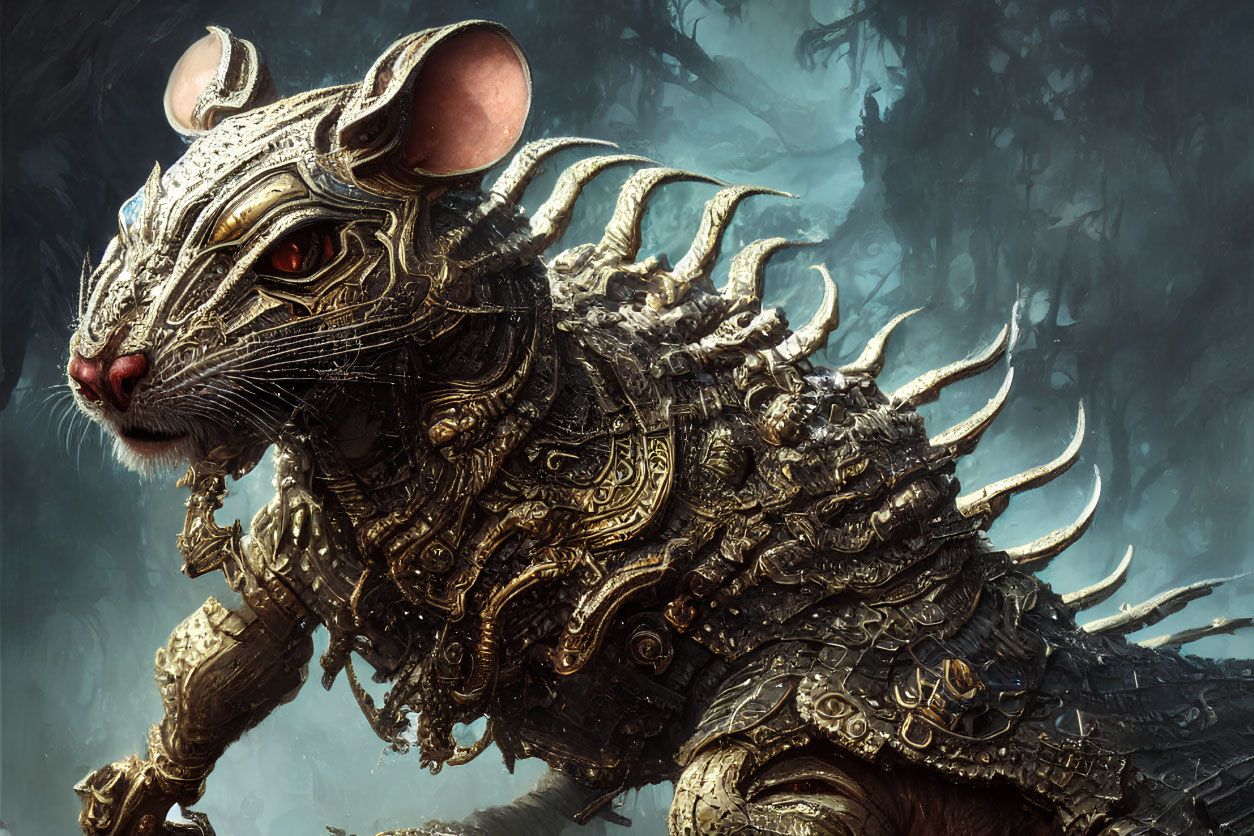 Detailed Illustration: Mythical Armored Rat Creature in Golden Armor against Dark Forest Background