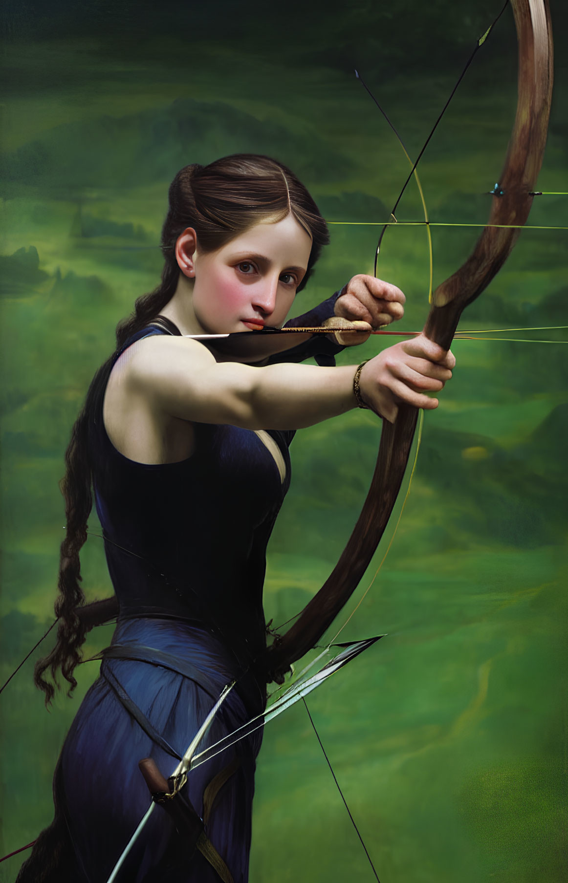Woman with long braid aiming bow and arrow in navy outfit on green backdrop