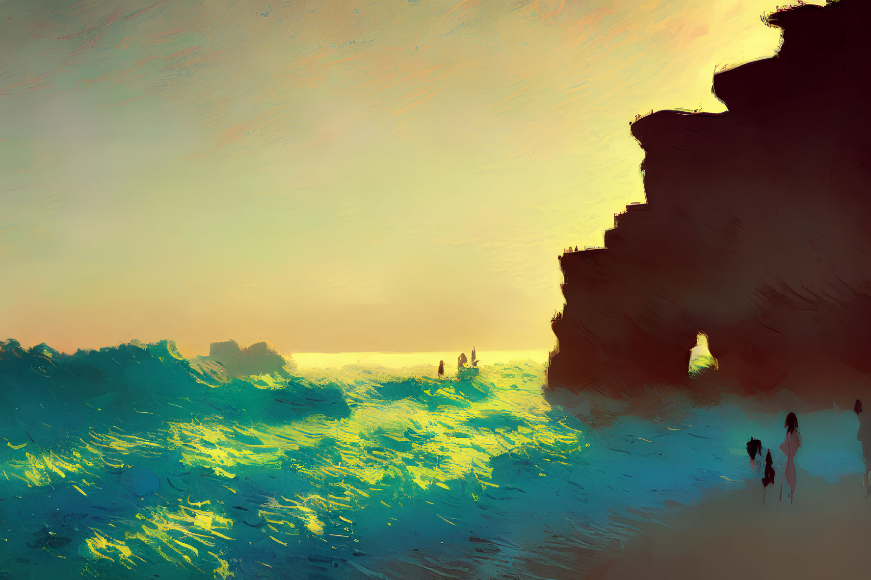 Seaside Sunset Landscape with Silhouettes, Cliffs, and Shimmering Ocean
