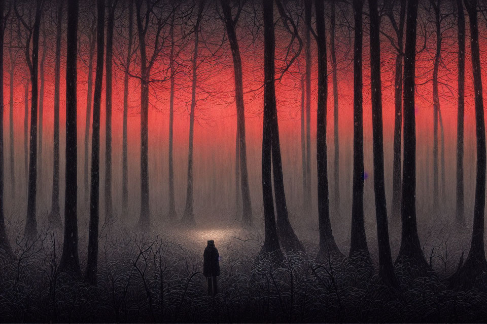 Person in mystical forest under red sky: ethereal ambiance