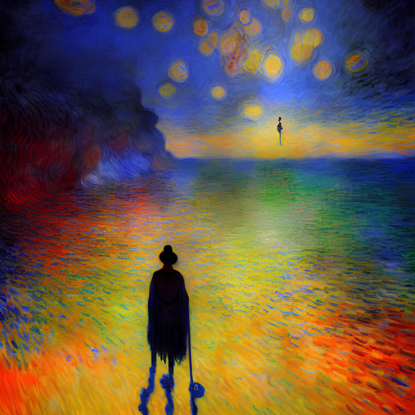 Stylized figure by colorful sea with fiery reflection and distant silhouette in swirl-patterned sky.