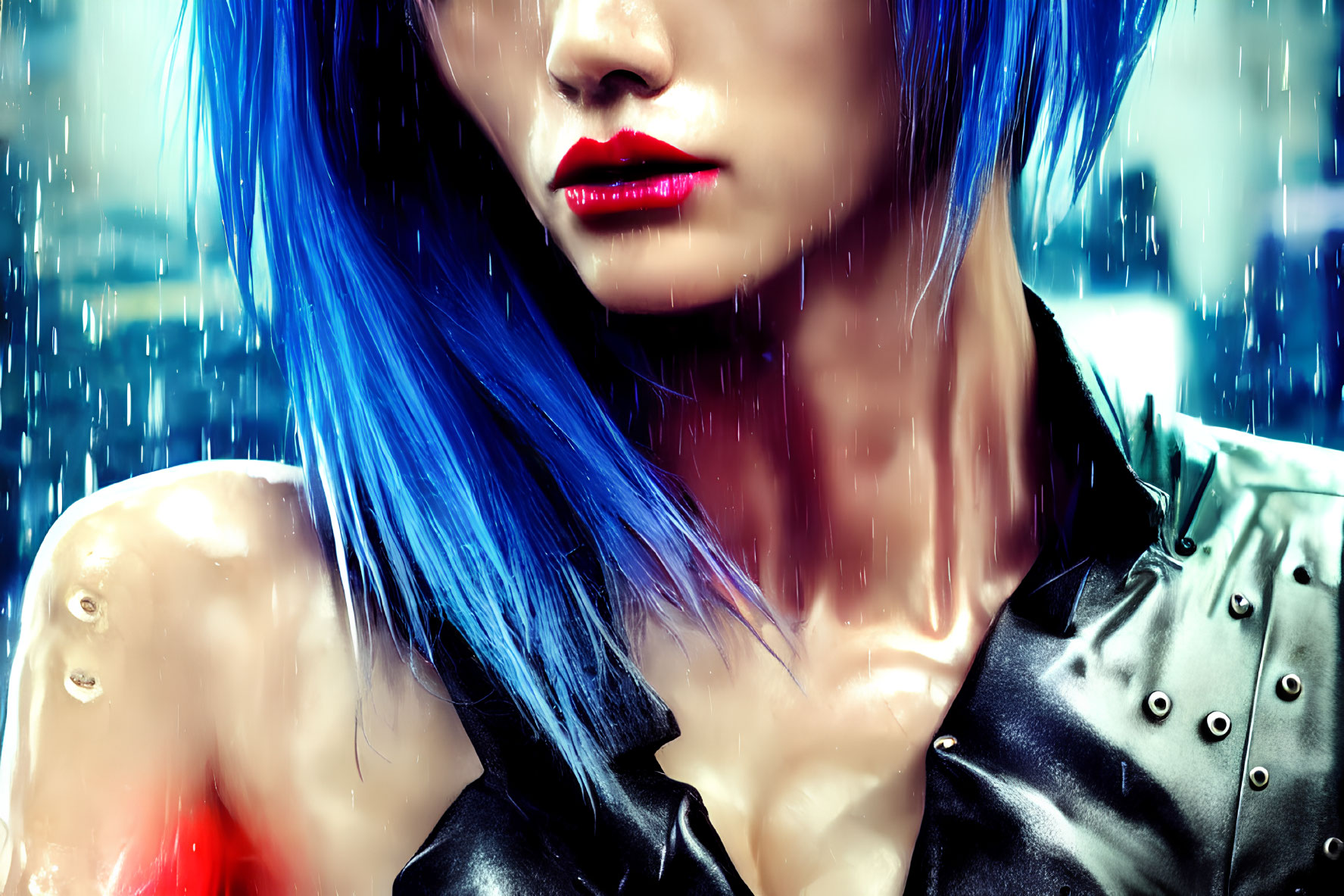 Vibrant Blue Hair and Red Lipstick in Rainy City Scene