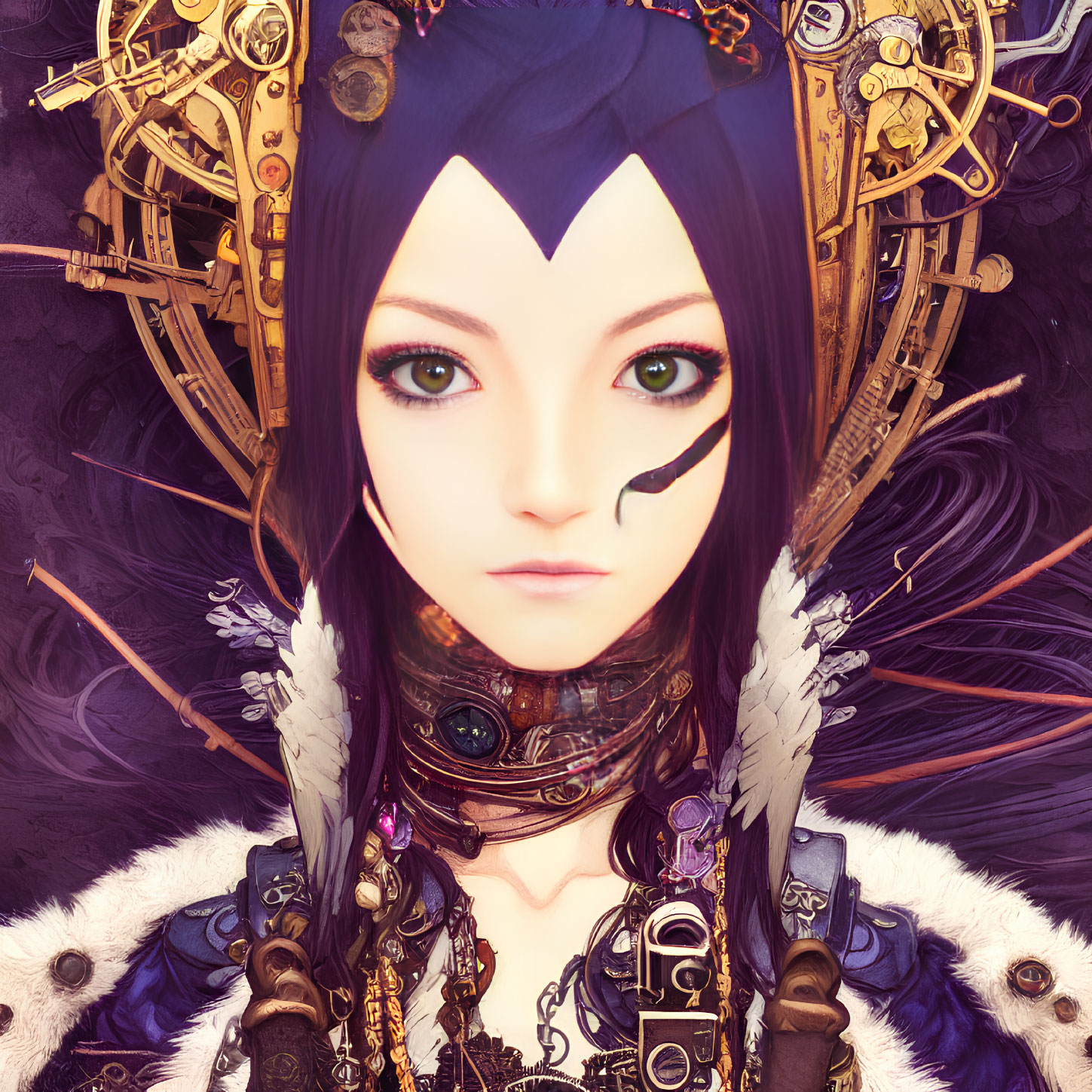 Detailed Female Character Illustration with Golden Headgear and Armor